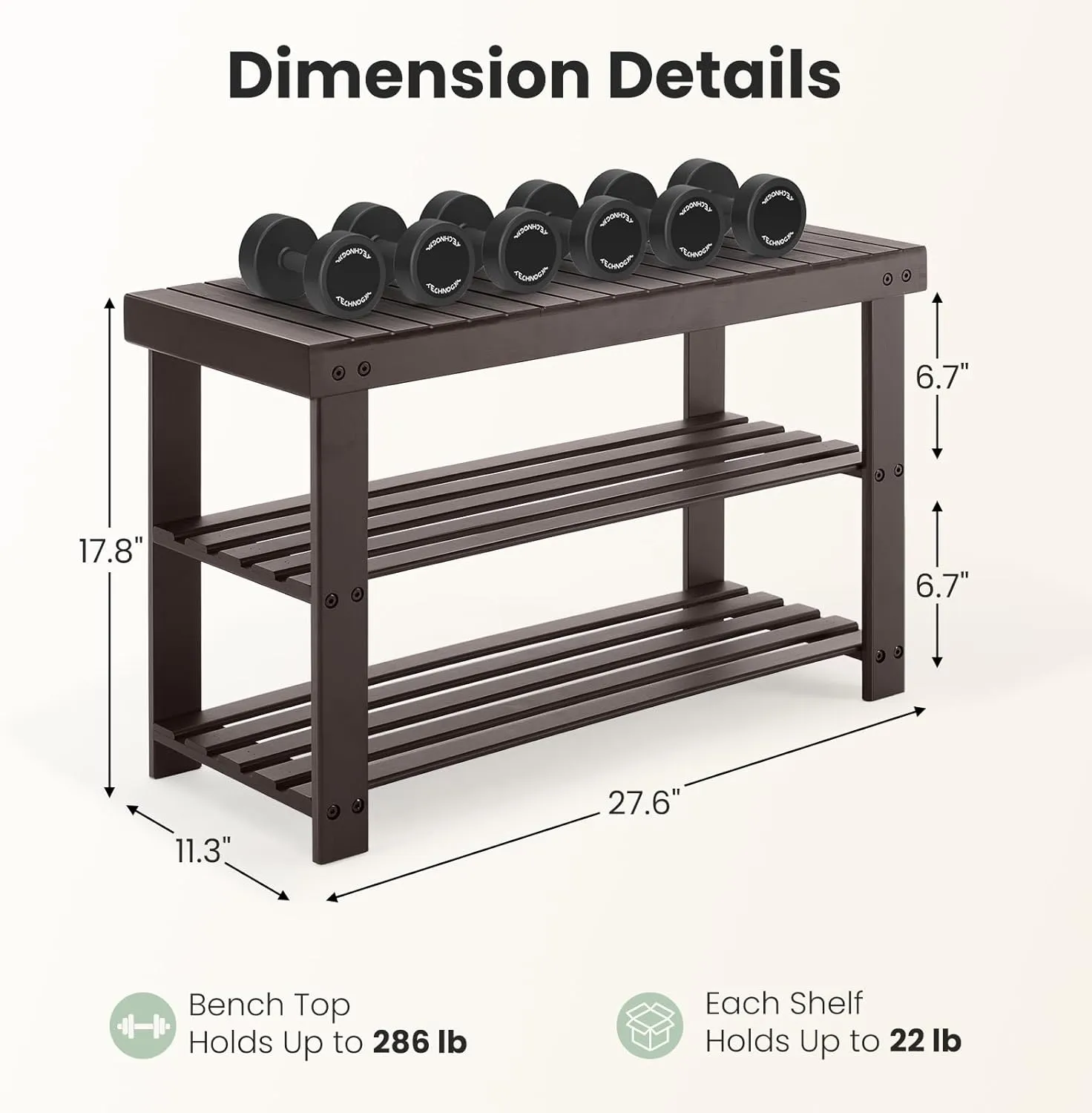 DUMOS Shoe Rack Bench, 3-Tier Bamboo Entryway Benches, Holds Up to 286 lb Storage Organizer, 11.3 x 27.6 x 17.8 Inches, Suitable for Bedroom Living Room Balcony, Brown