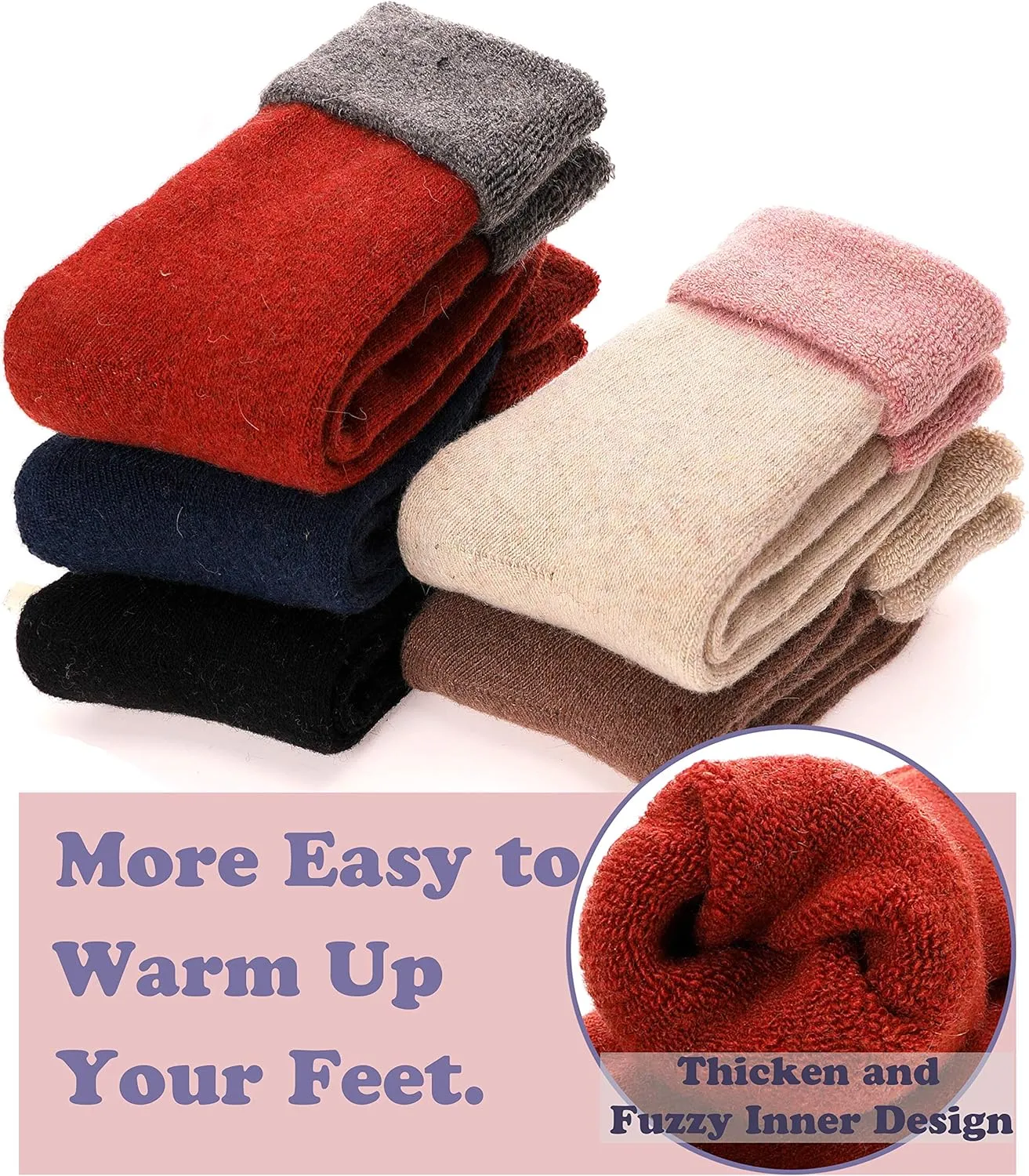 EBMORE 5 Pairs Women Merino Wool Socks Thermal Hiking Winter Warm Thick Cozy Cabin Crew Comfy Socks for Ladies