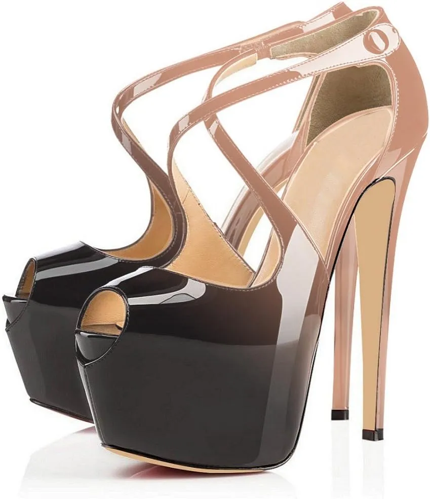 Eldof Women's Platform Stilettos Sandals with Cross Strap, Criss cross heels, 15cm High Heel Peep Toe Pumps