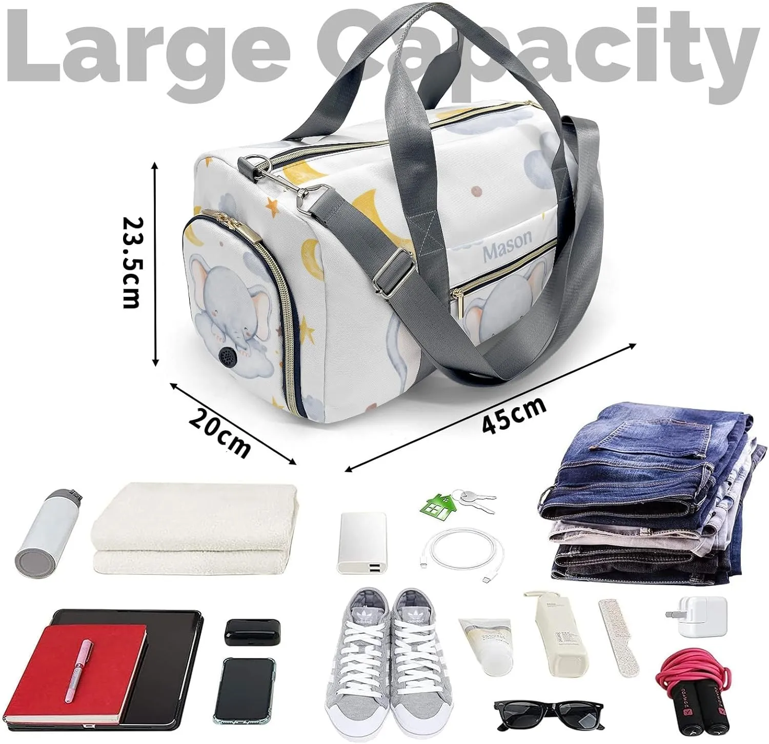 Elephant Moon Stars Clouds Personalized Duffel Bag,Custom Travel Gym Bag with Name,Waterproof Sports Overnight Bag with Shoe Compartment & Shoulder Strap