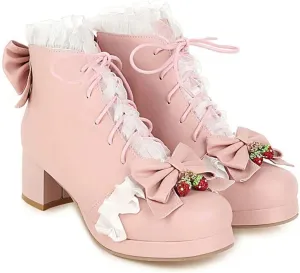 Elyffany Fashion Bow Ankle Boots Lace up Cute Chunky Heel Lolita Shoes