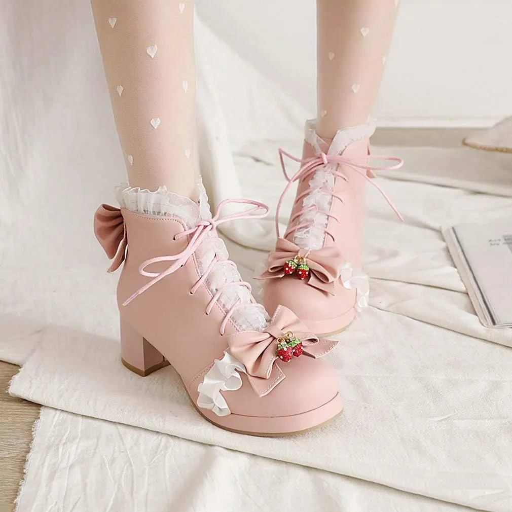 Elyffany Fashion Bow Ankle Boots Lace up Cute Chunky Heel Lolita Shoes