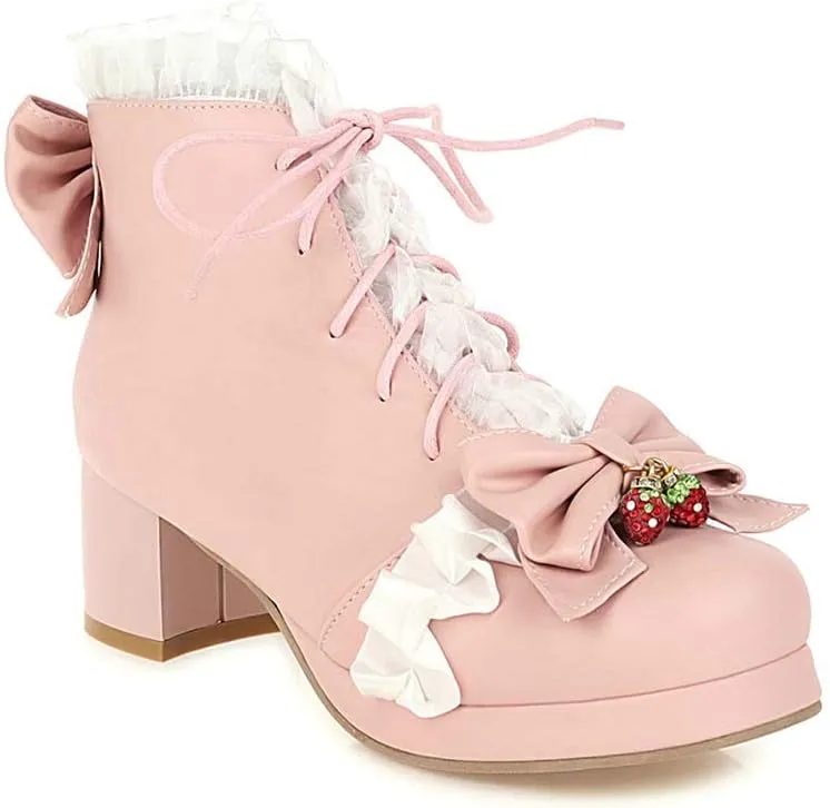 Elyffany Fashion Bow Ankle Boots Lace up Cute Chunky Heel Lolita Shoes