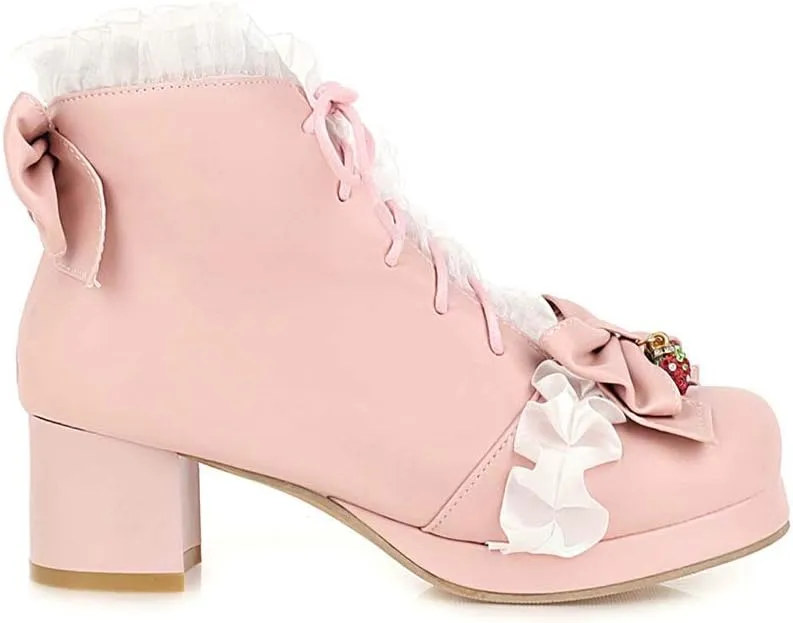 Elyffany Fashion Bow Ankle Boots Lace up Cute Chunky Heel Lolita Shoes