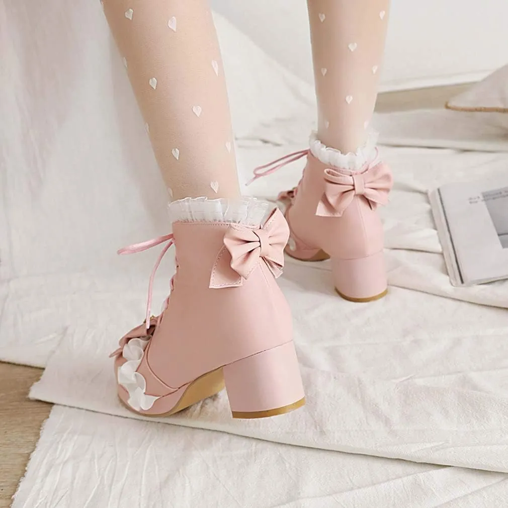 Elyffany Fashion Bow Ankle Boots Lace up Cute Chunky Heel Lolita Shoes