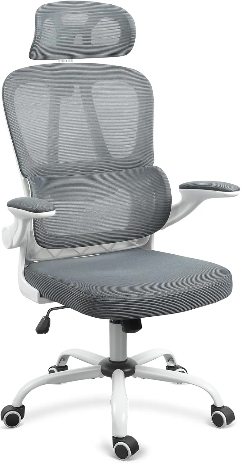 Ergonomic Mesh Office Chair with Wheels, High Back Desk Chair with Headrest and Comfortable Lumbar Support, Flip-up Arms, 90-120° Tilt Lock Executive Chair for Home Office, Grey
