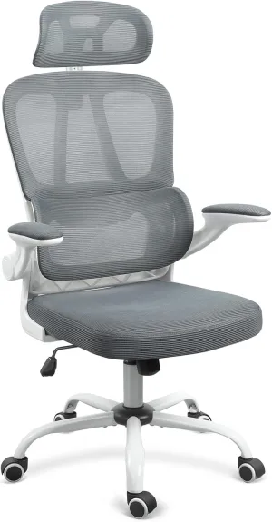 Ergonomic Mesh Office Chair with Wheels, High Back Desk Chair with Headrest and Comfortable Lumbar Support, Flip-up Arms, 90-120° Tilt Lock Executive Chair for Home Office, Grey