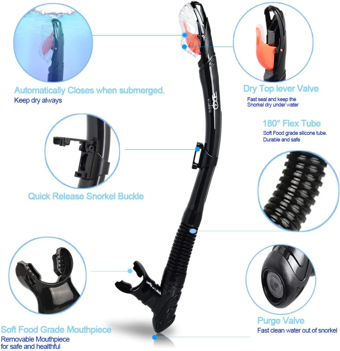 EXP VISION Dry Snorkel, Adult Dive Snorkel Free Breath Diving Snorkel Tube Food-Grade Silicone Mouthpiece Snorkeling Gear with Splash Guard Top Valve and Headstrap Clip for Snorkeling Swimming