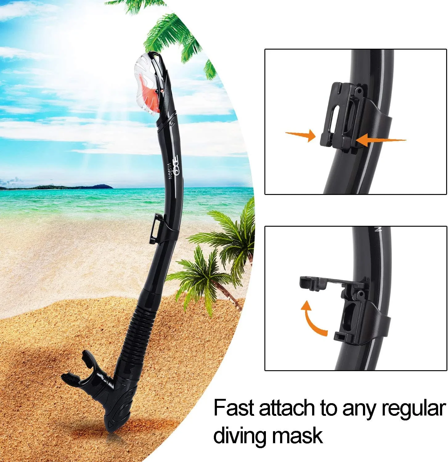 EXP VISION Dry Snorkel, Adult Dive Snorkel Free Breath Diving Snorkel Tube Food-Grade Silicone Mouthpiece Snorkeling Gear with Splash Guard Top Valve and Headstrap Clip for Snorkeling Swimming