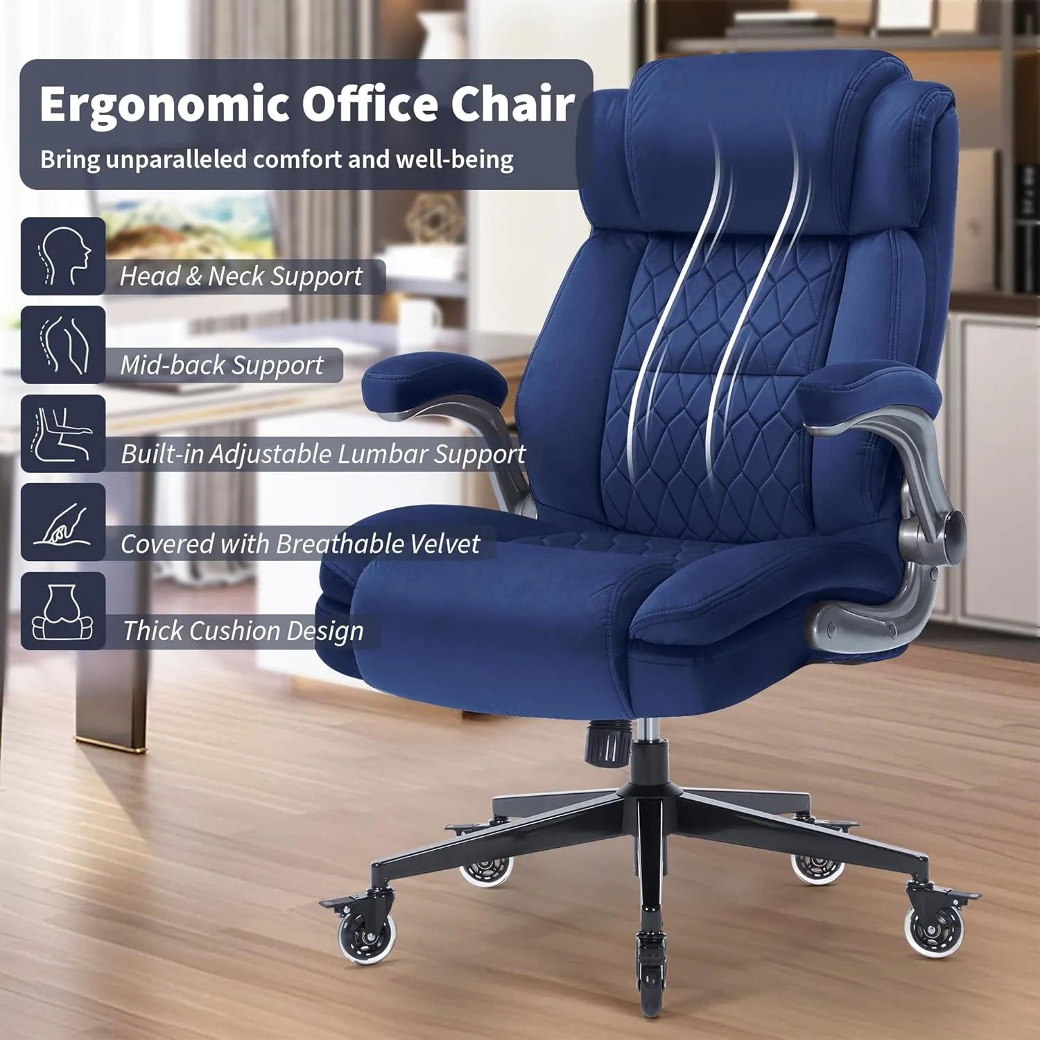 Fabric High Back Office Chair 400lbs-Adjustable Built-in Lumbar Support，Flip Arms, Locking Wheels-Ergonomic Computer Desk Chair with Heavy Duty Base，Thick Padded Large Work Chairs for Adults Men Women