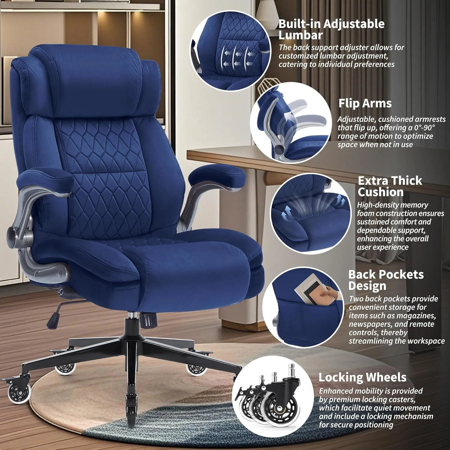 Fabric High Back Office Chair 400lbs-Adjustable Built-in Lumbar Support，Flip Arms, Locking Wheels-Ergonomic Computer Desk Chair with Heavy Duty Base，Thick Padded Large Work Chairs for Adults Men Women