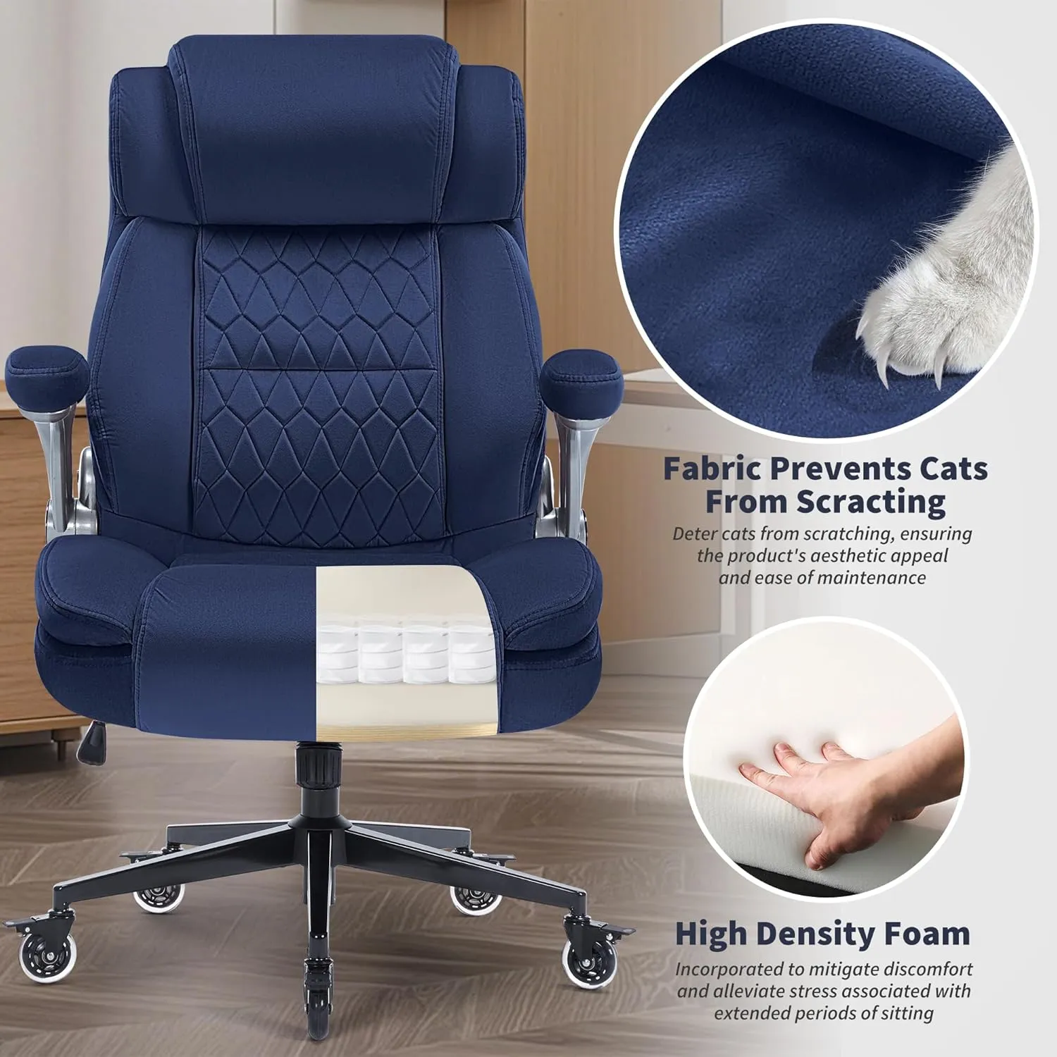 Fabric High Back Office Chair 400lbs-Adjustable Built-in Lumbar Support，Flip Arms, Locking Wheels-Ergonomic Computer Desk Chair with Heavy Duty Base，Thick Padded Large Work Chairs for Adults Men Women