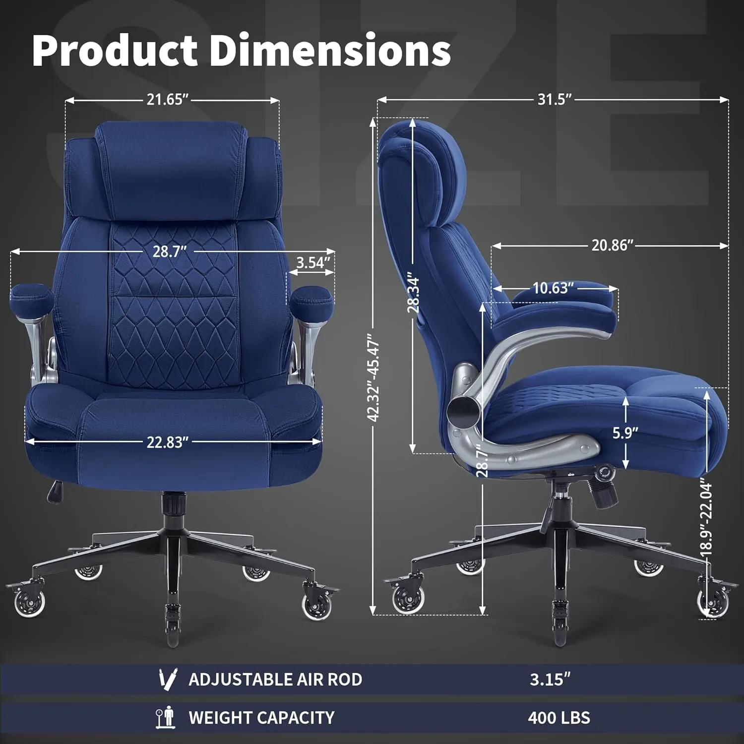 Fabric High Back Office Chair 400lbs-Adjustable Built-in Lumbar Support，Flip Arms, Locking Wheels-Ergonomic Computer Desk Chair with Heavy Duty Base，Thick Padded Large Work Chairs for Adults Men Women