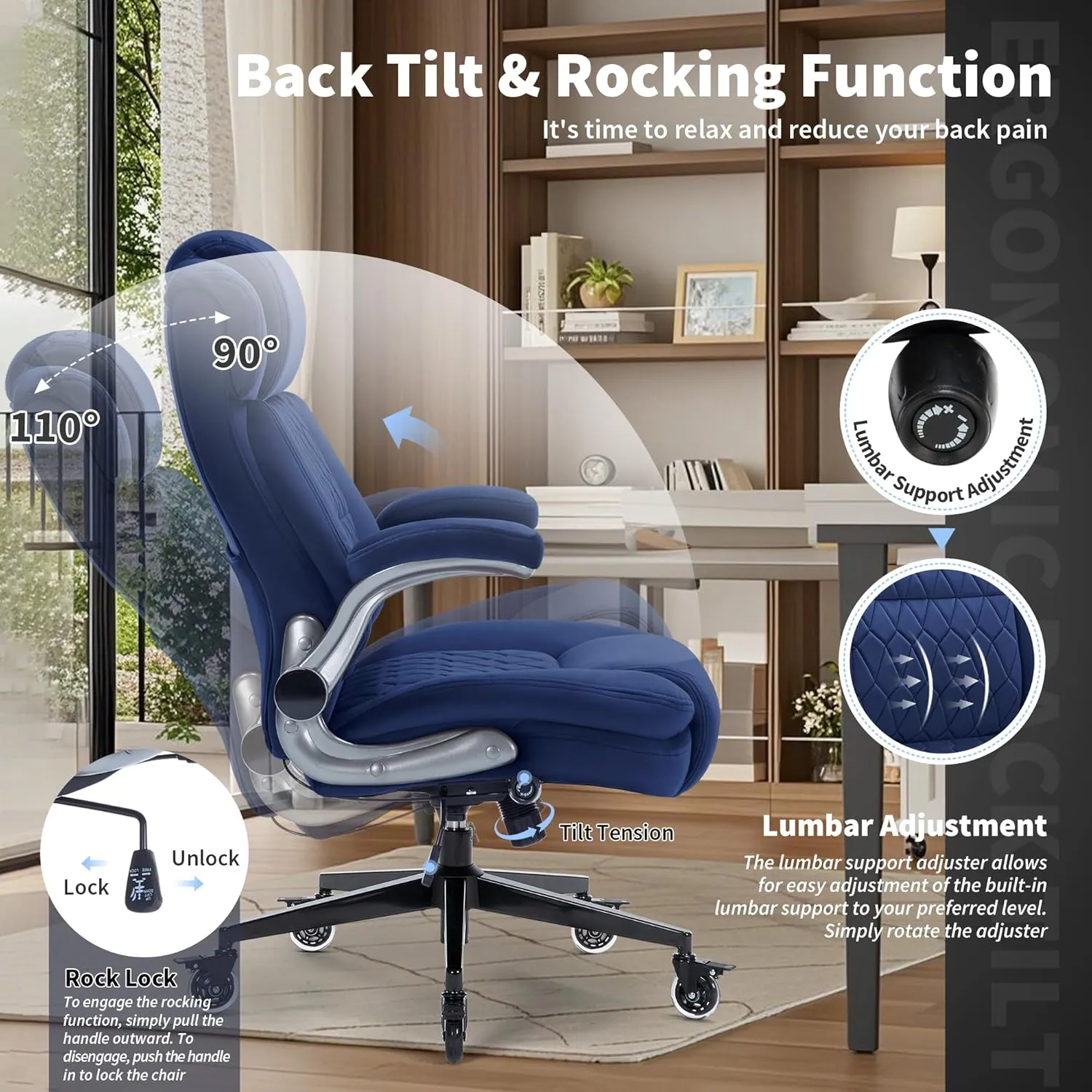 Fabric High Back Office Chair 400lbs-Adjustable Built-in Lumbar Support，Flip Arms, Locking Wheels-Ergonomic Computer Desk Chair with Heavy Duty Base，Thick Padded Large Work Chairs for Adults Men Women