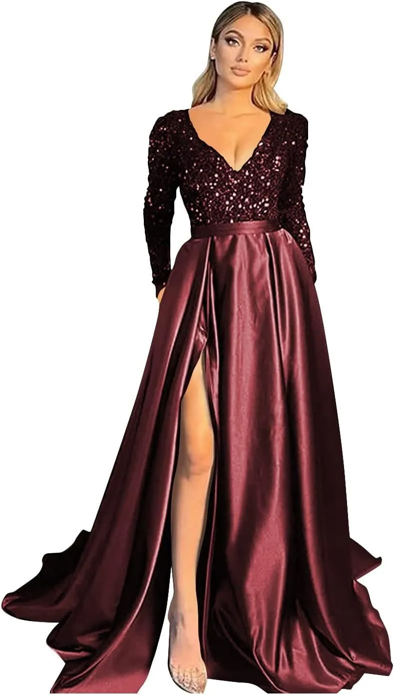 Fanciest V Neck Long Sleeve Prom Dresses with Slit Sequin Satin Formal Evening Gowns