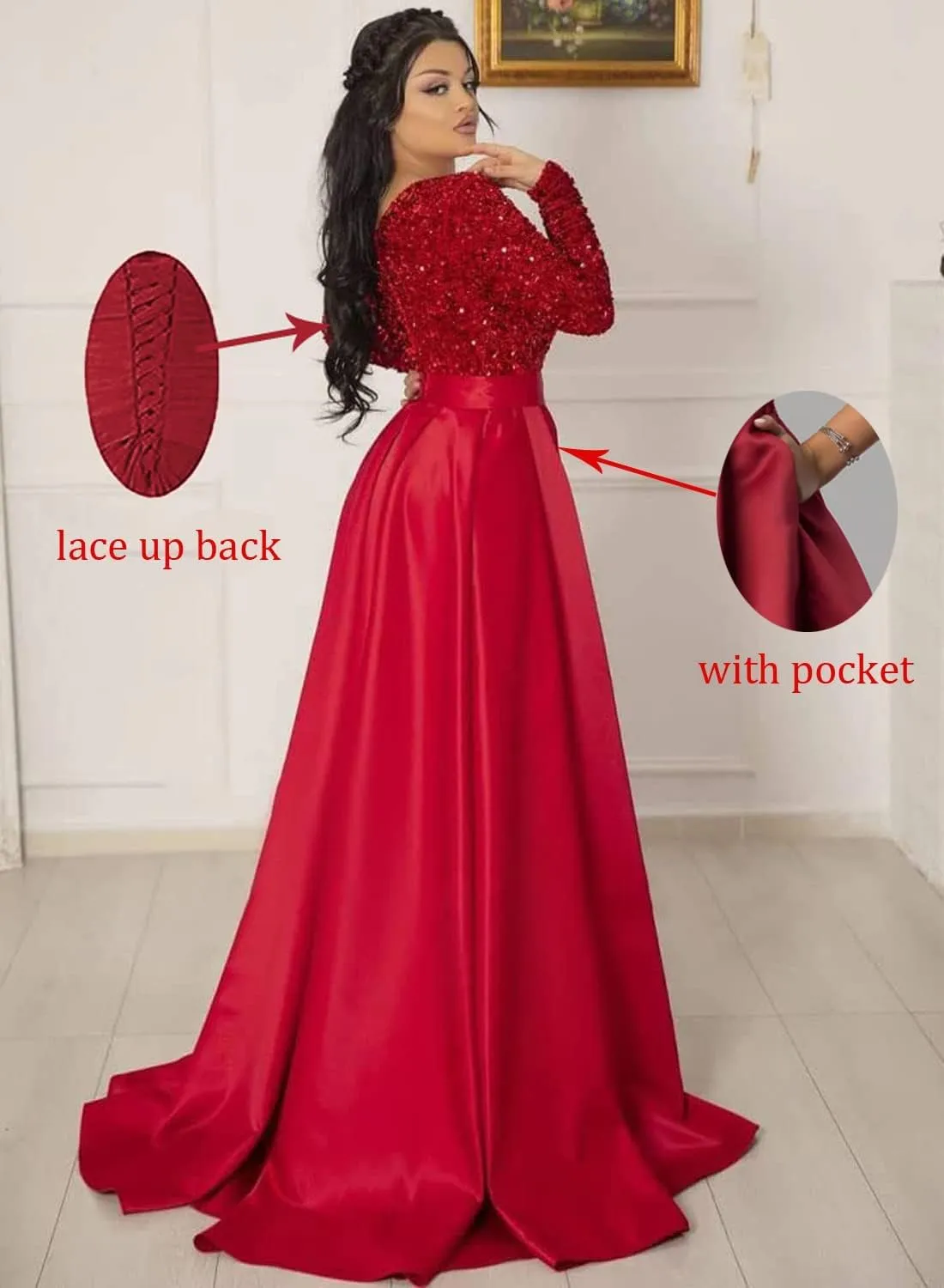 Fanciest V Neck Long Sleeve Prom Dresses with Slit Sequin Satin Formal Evening Gowns