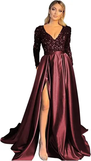Fanciest V Neck Long Sleeve Prom Dresses with Slit Sequin Satin Formal Evening Gowns