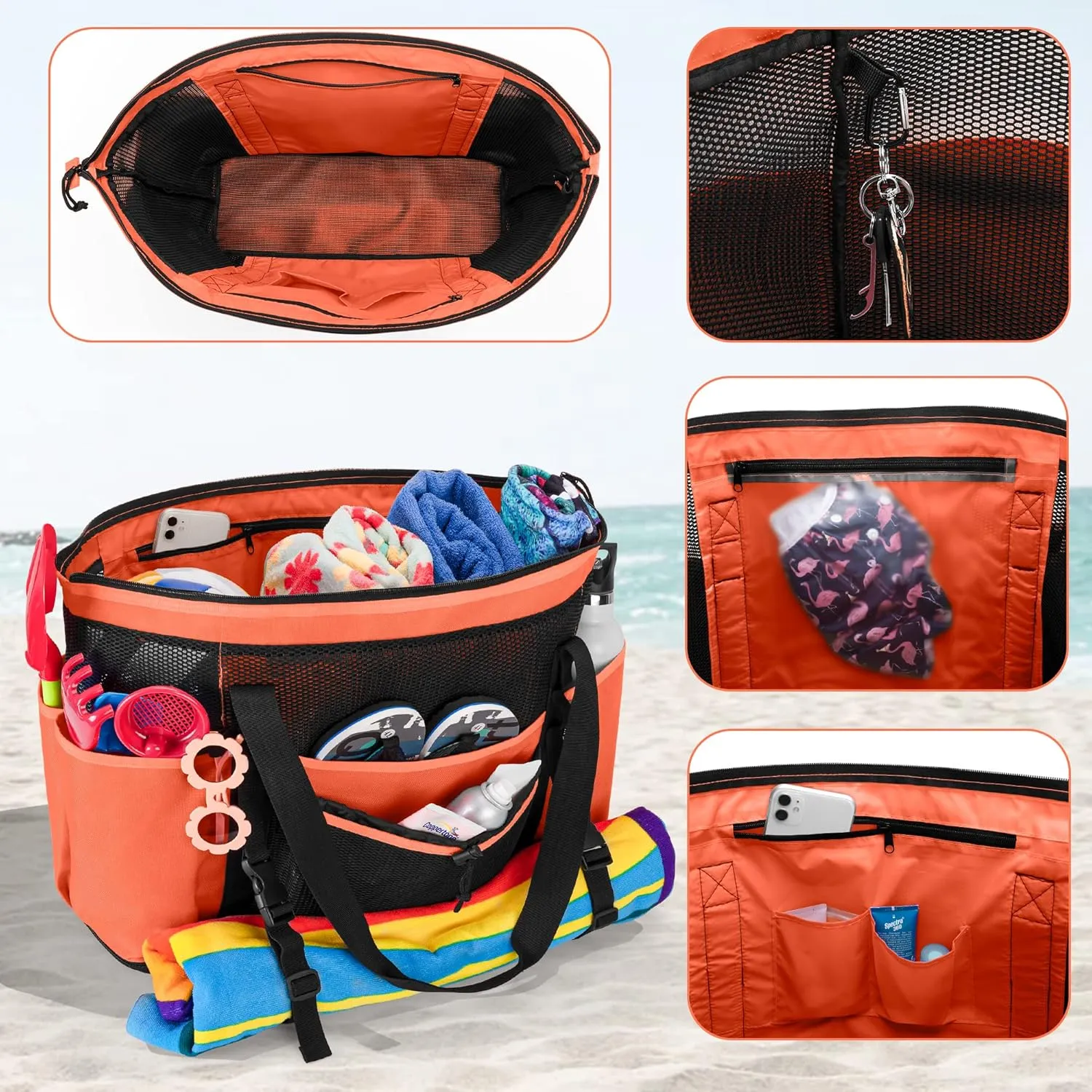 Fasrom Extra Large Mesh Beach Bag with Zipper Bottom, Family Beach Tote Bag with Wet and Dry Separation (Patent Design)