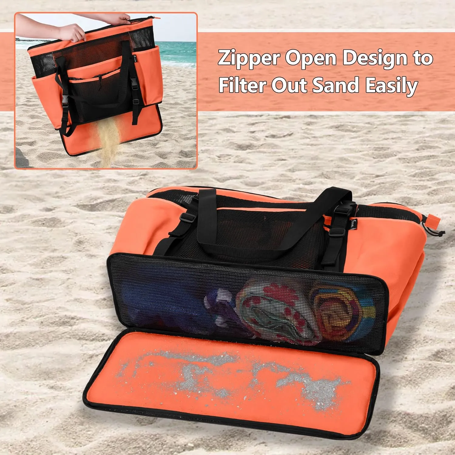 Fasrom Extra Large Mesh Beach Bag with Zipper Bottom, Family Beach Tote Bag with Wet and Dry Separation (Patent Design)