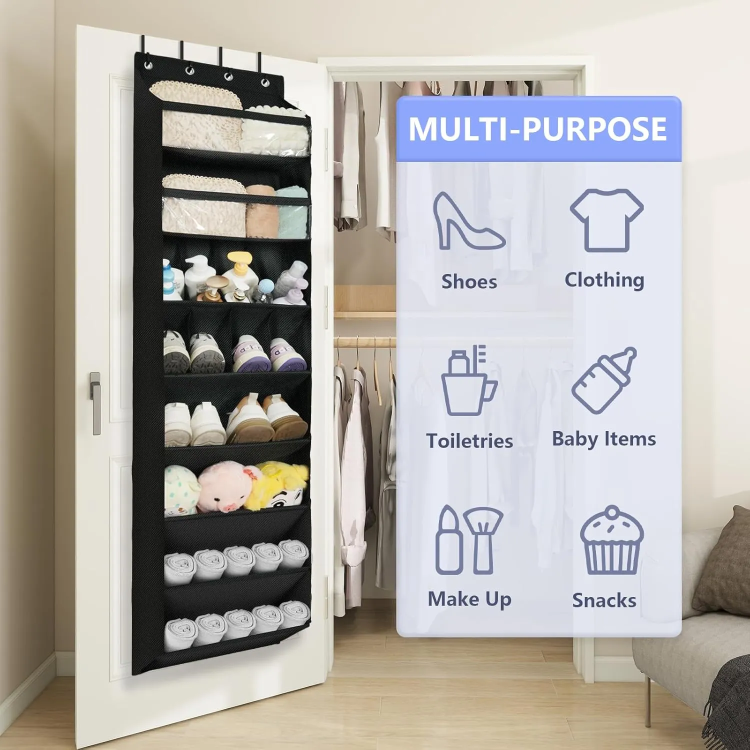FENTEC 1 Pack 8 Shelves Over The Door Shoe Organizer, 68" Exlarge Deep Pockets Hanging Shoe Organizer, Shoe Rack for Closet, Shoe Holder for Boots,Over Door Organizer in Home, RV, Dorm, Black