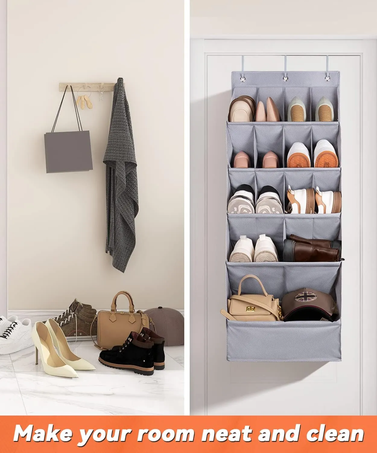 FENTEC 1 Pack Over-the-Door-Shoe-Organizers, Hanging Shoe Organizers with Large Pocket Shoe Holder Hanging Shoe Rack for Closet Shoe Organizer for Wall, Over Door Organizer with 15 Pockets Gray