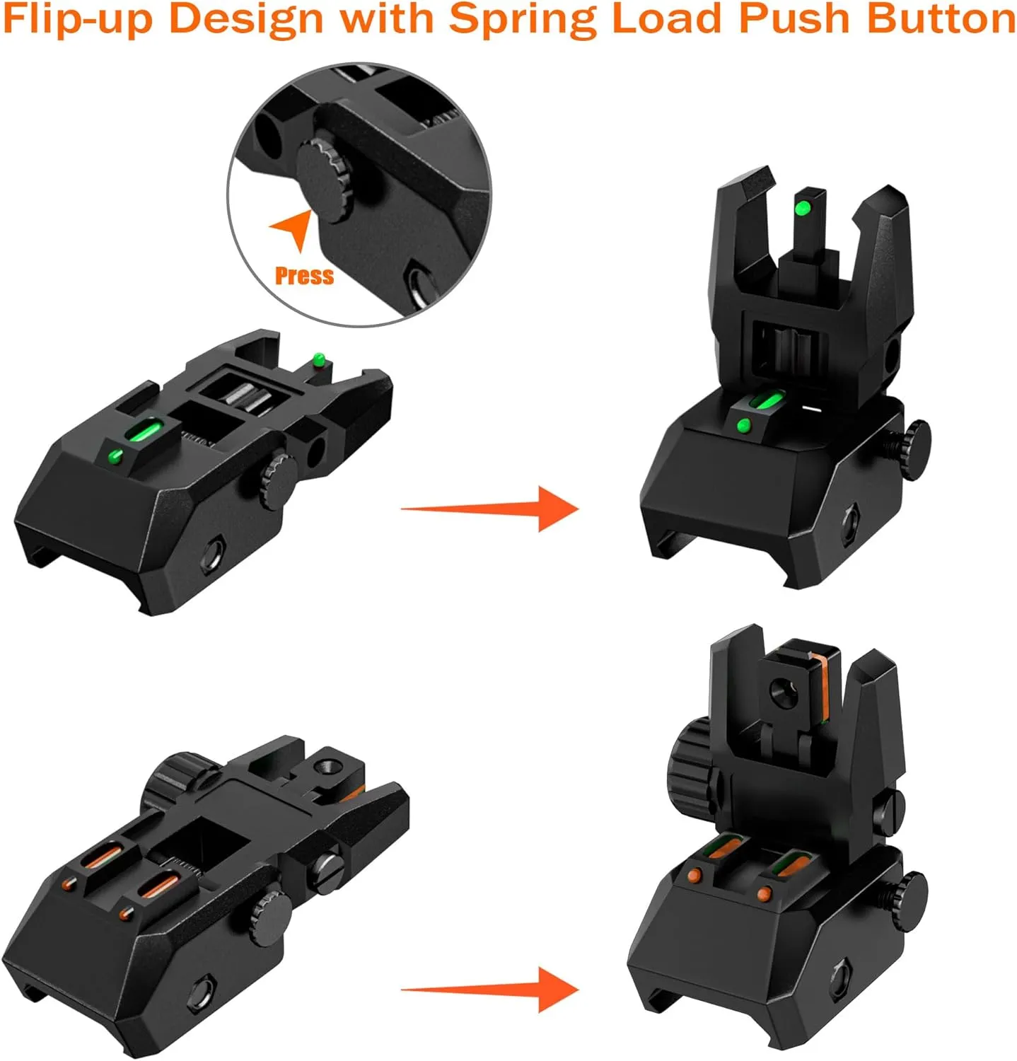 Fiber Optic Sights Flip Up Front and Rear Sites Nylon Folding Sights with Red and Green Fiber Optics Dots Tool-Free Adjustable Backup Sight Set