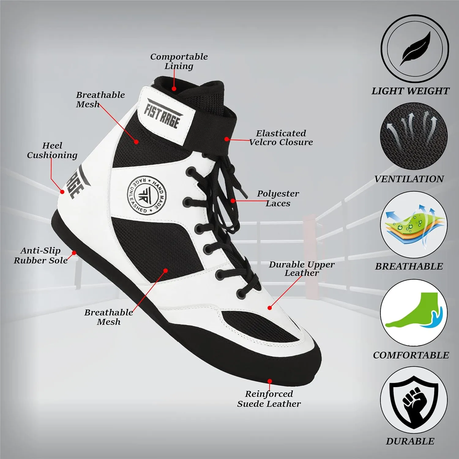 FISTRAGE Boxing Shoes Leather Kick Fighting Training Mesh Unisex Pro Men's and Youth Genuine Light Weight Boot | Shoe for Adults