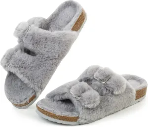FITORY Womens Open Toe Slipper with Cozy Lining,Faux Rabbit Fur Cork Slide Sandals Size 6-11