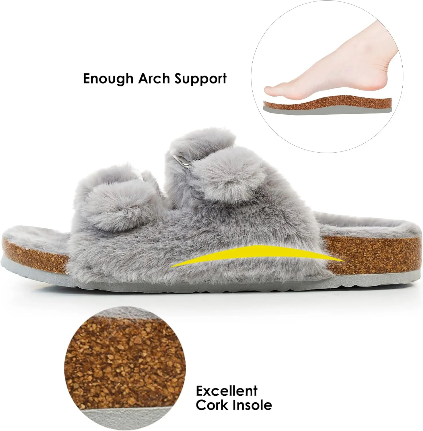 FITORY Womens Open Toe Slipper with Cozy Lining,Faux Rabbit Fur Cork Slide Sandals Size 6-11
