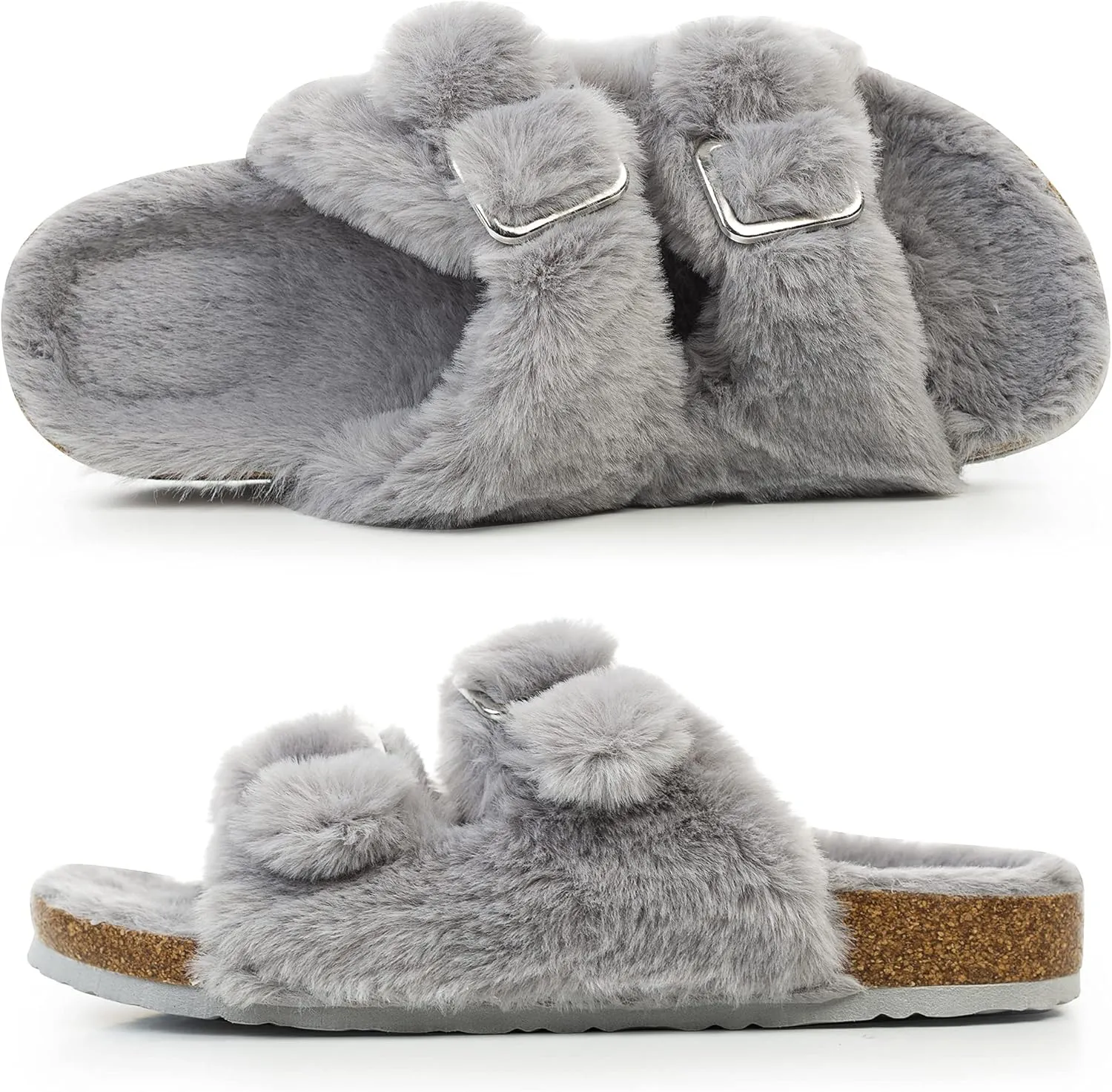 FITORY Womens Open Toe Slipper with Cozy Lining,Faux Rabbit Fur Cork Slide Sandals Size 6-11