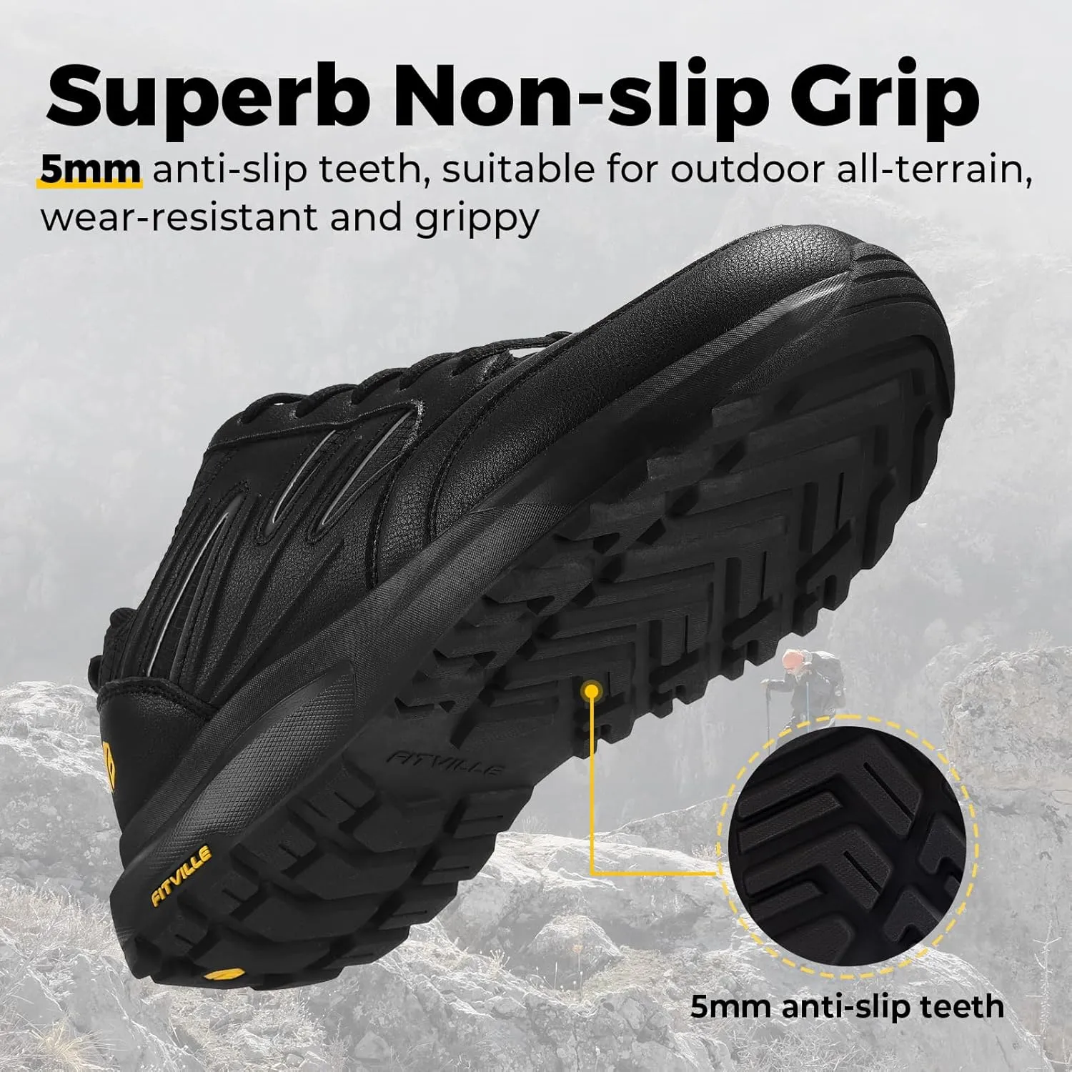 FitVille Mens Wide Hiking Shoes Water Repellent Outdoor Work Shoes Trekking Trails Sneakers with Arch Support - Sturdy Core