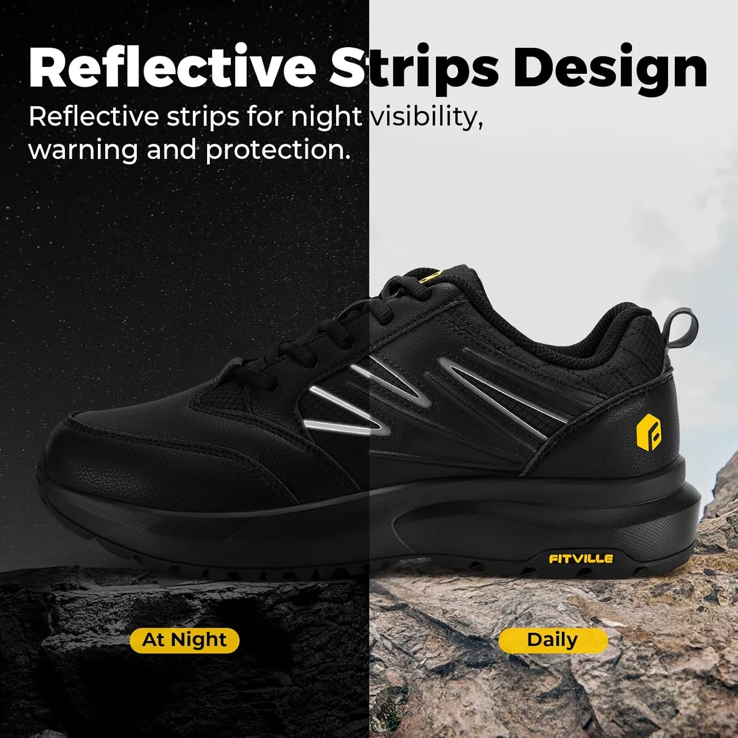 FitVille Mens Wide Hiking Shoes Water Repellent Outdoor Work Shoes Trekking Trails Sneakers with Arch Support - Sturdy Core