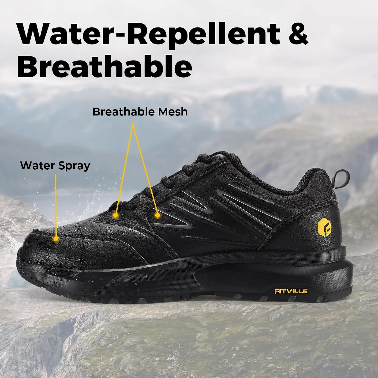 FitVille Mens Wide Hiking Shoes Water Repellent Outdoor Work Shoes Trekking Trails Sneakers with Arch Support - Sturdy Core