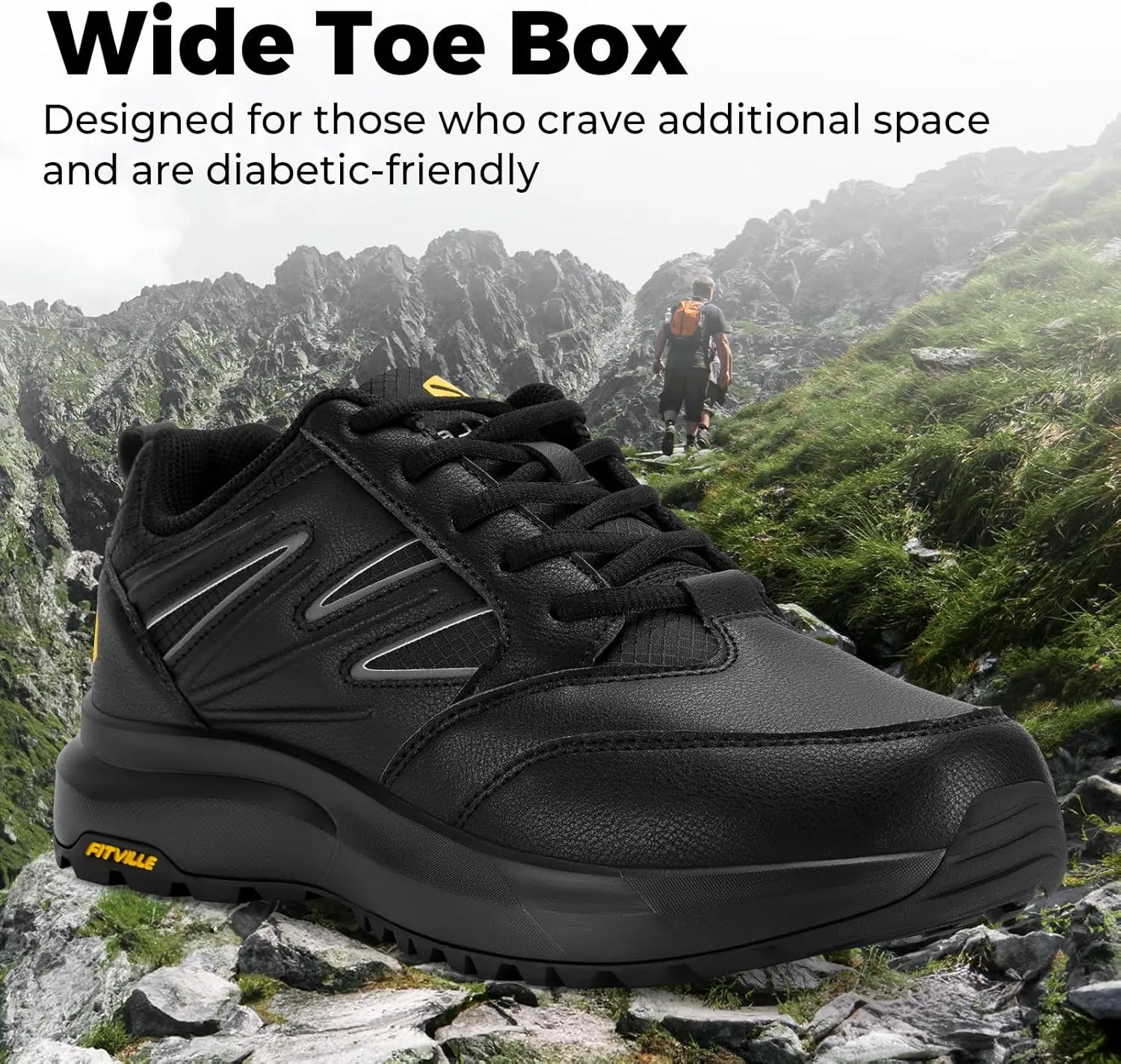 FitVille Mens Wide Hiking Shoes Water Repellent Outdoor Work Shoes Trekking Trails Sneakers with Arch Support - Sturdy Core