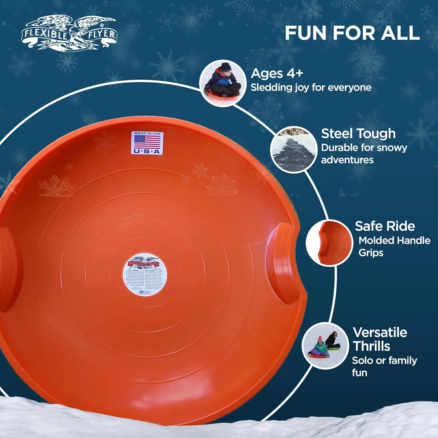 Flexible Flyer Paricon 626 Round Flying Saucer Disc Racer Polyethylene Snow Sled Toboggan, for Ages 4 and Up, 26 Inch Diameter