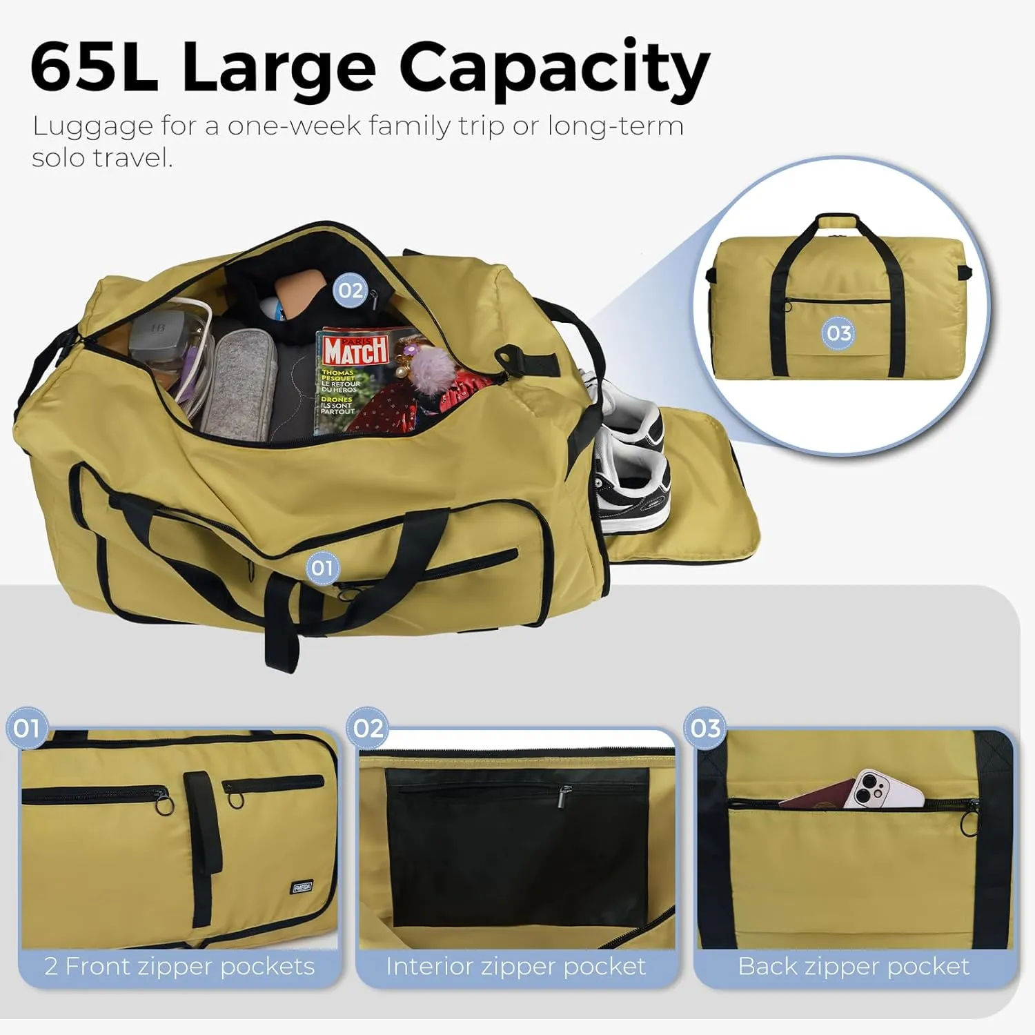 Fmeida 65L Duffle Bag with Shoes Compartment, Foldable Travel Duffel Bags for Men Women, Large Packable Travel Bag Water Repellent & Tear Resistant (Brown)