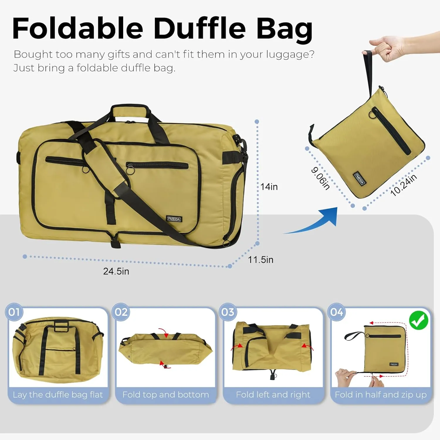 Fmeida 65L Duffle Bag with Shoes Compartment, Foldable Travel Duffel Bags for Men Women, Large Packable Travel Bag Water Repellent & Tear Resistant (Brown)
