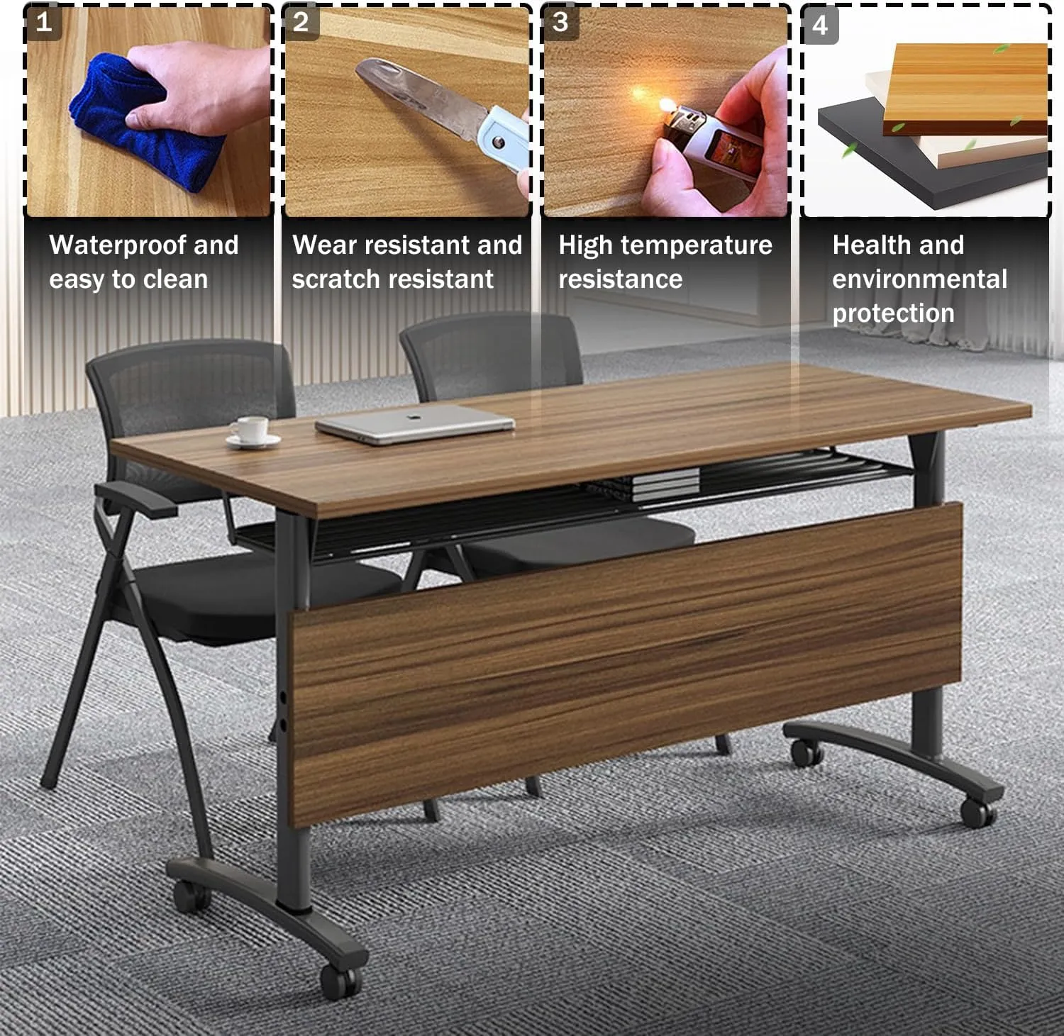 Folding Conference Table,Foldable Office Conference Room Tables,Rolling Meeting Seminar Tables with Casters,Flip Top Mobile Training Tables,Business Training Seminar Table for Office Meeting (62.9in)