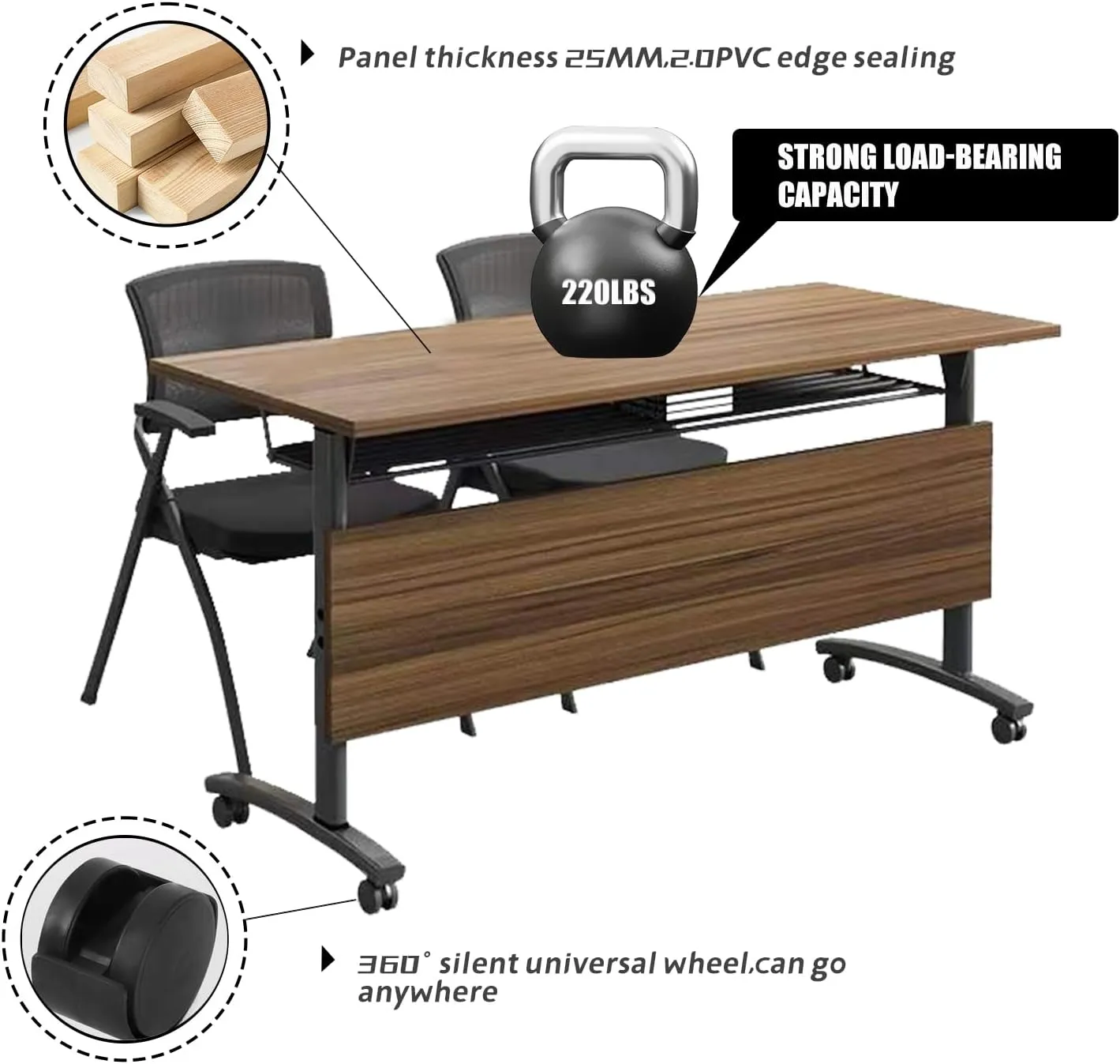 Folding Conference Table,Foldable Office Conference Room Tables,Rolling Meeting Seminar Tables with Casters,Flip Top Mobile Training Tables,Business Training Seminar Table for Office Meeting (62.9in)