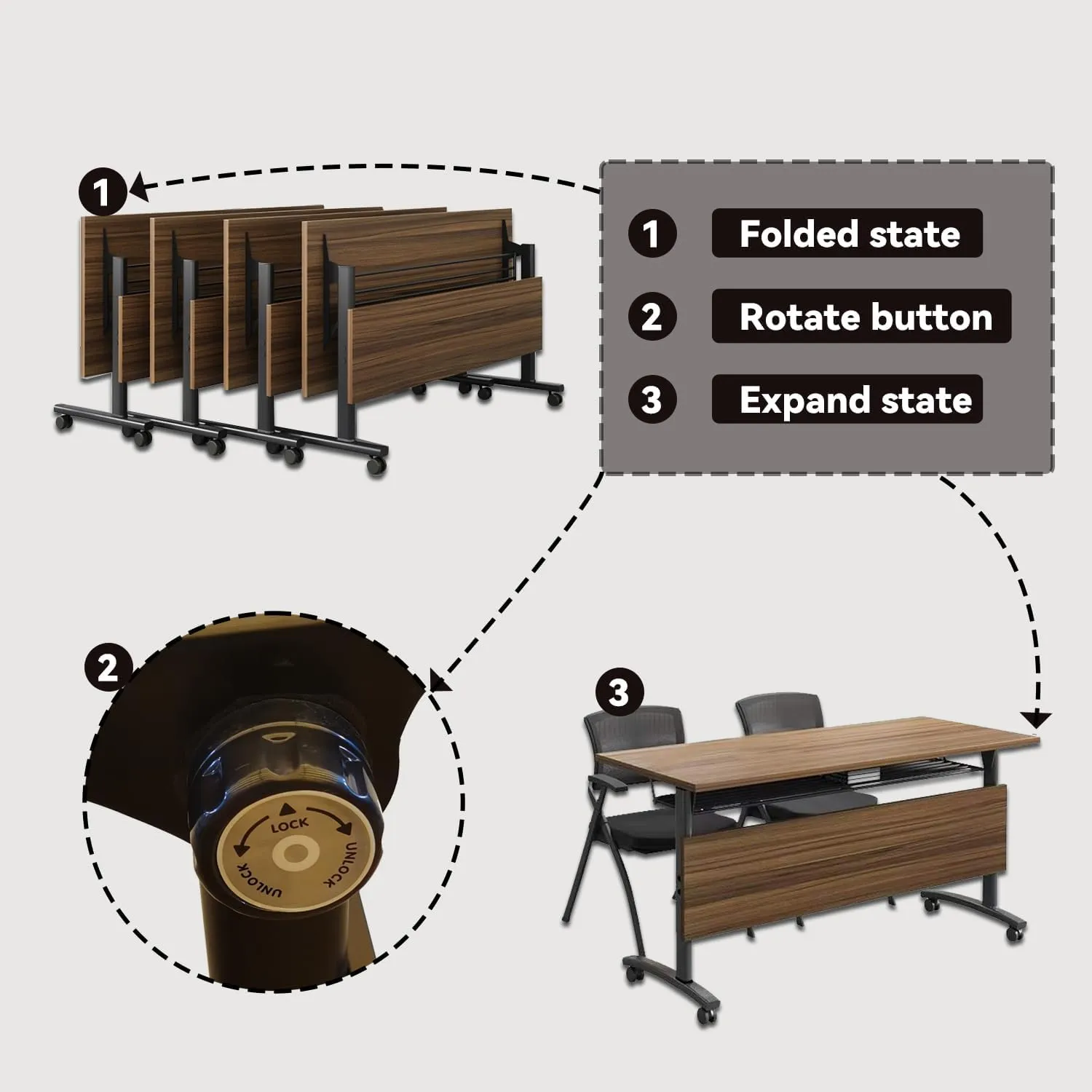Folding Conference Table,Foldable Office Conference Room Tables,Rolling Meeting Seminar Tables with Casters,Flip Top Mobile Training Tables,Business Training Seminar Table for Office Meeting (62.9in)