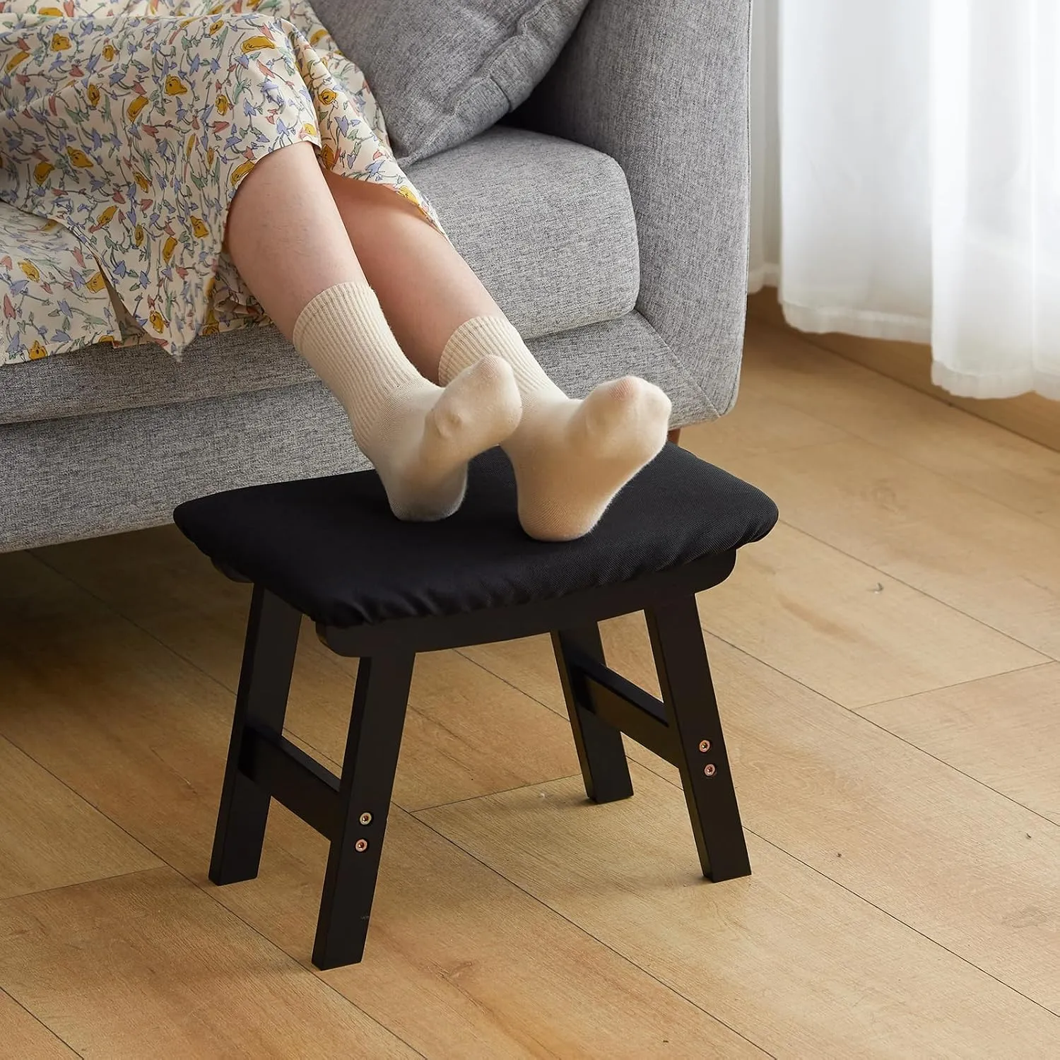 Foot Stool Ottoman Foot Rest Under Desk,Small Stool for Living Room, Bedroom and Kitchen (Black Legs - Black Stool Surface)