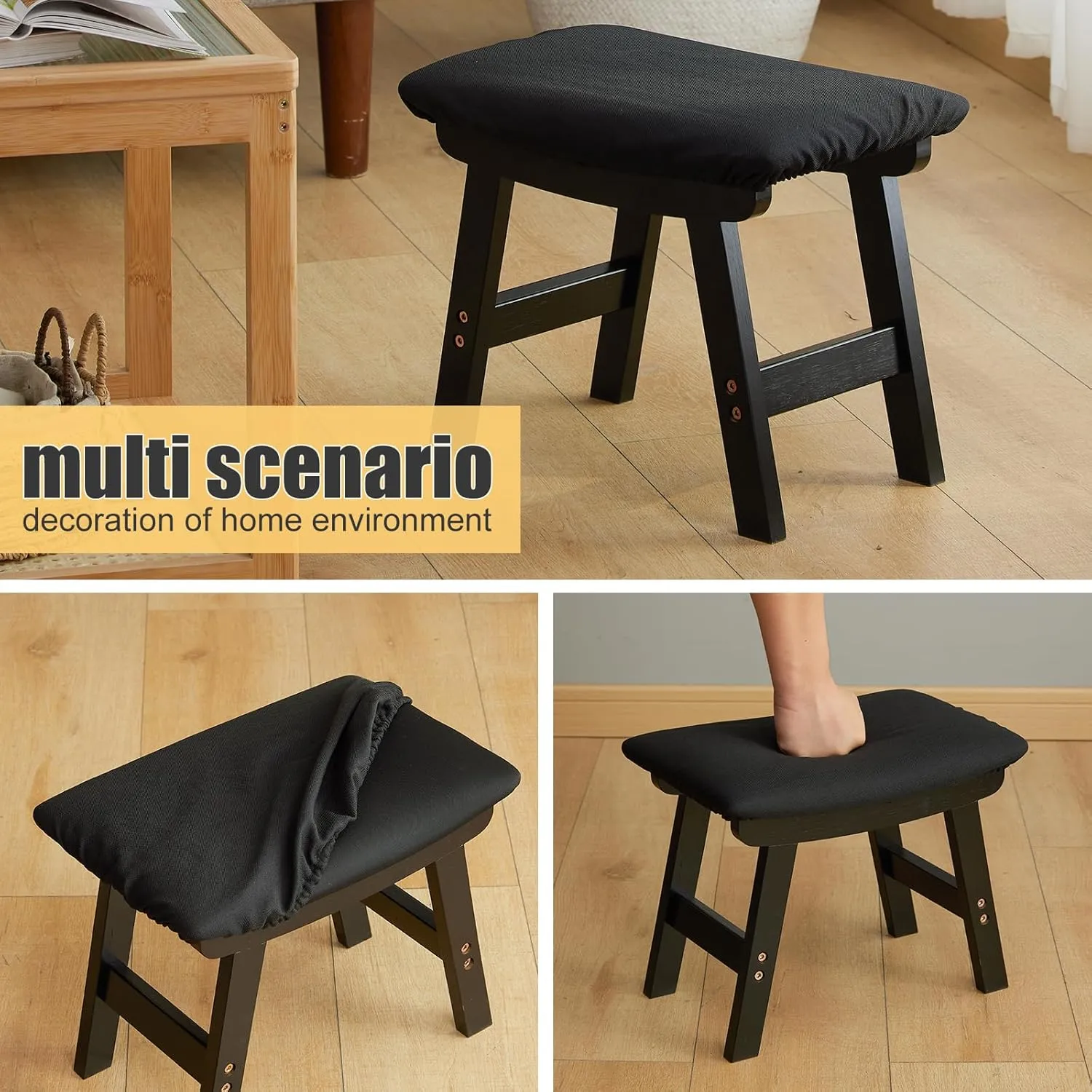 Foot Stool Ottoman Foot Rest Under Desk,Small Stool for Living Room, Bedroom and Kitchen (Black Legs - Black Stool Surface)