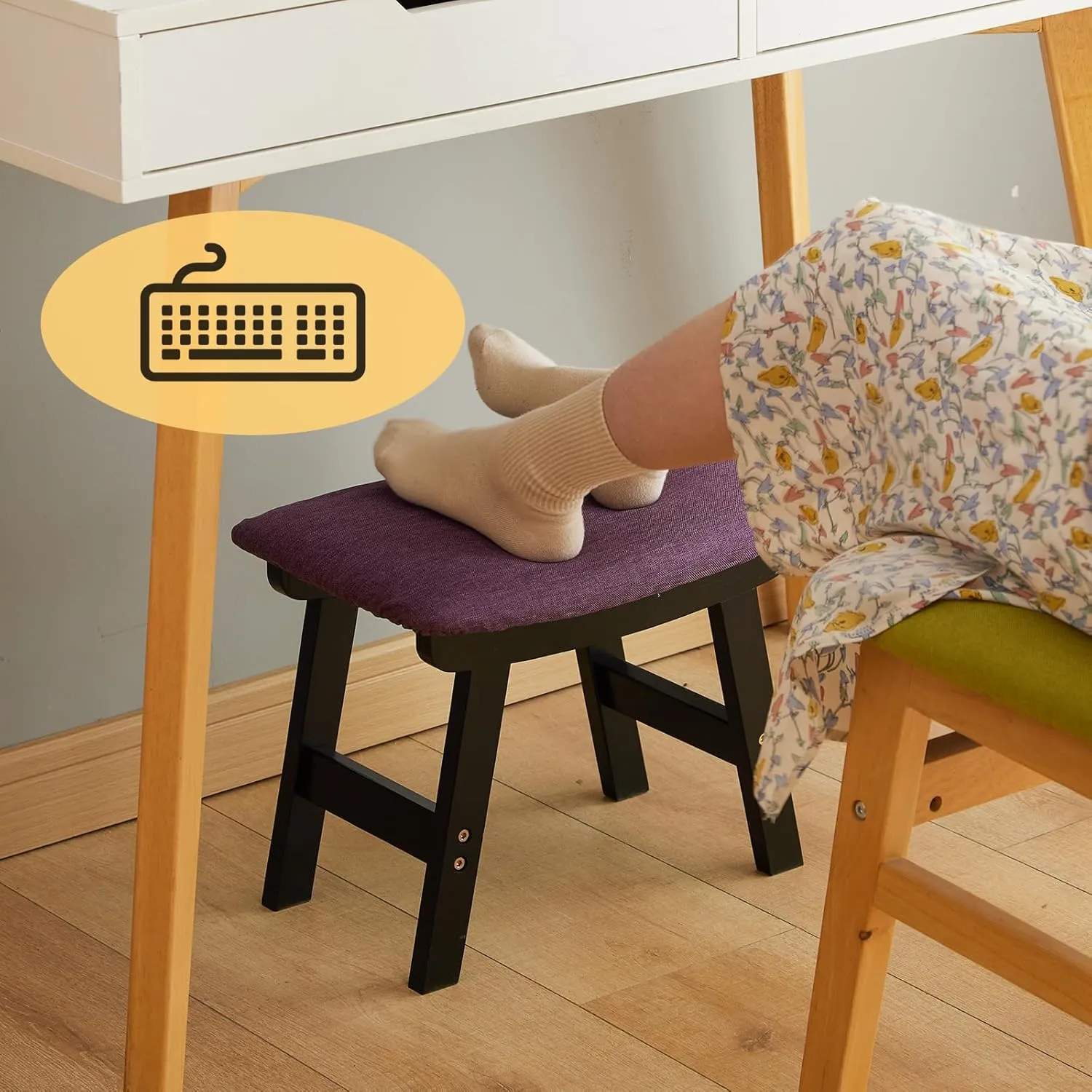 Foot Stool Ottoman Foot Rest Under Desk,Small Stool for Living Room, Bedroom and Kitchen (Black Legs - Purple Stool Surface)