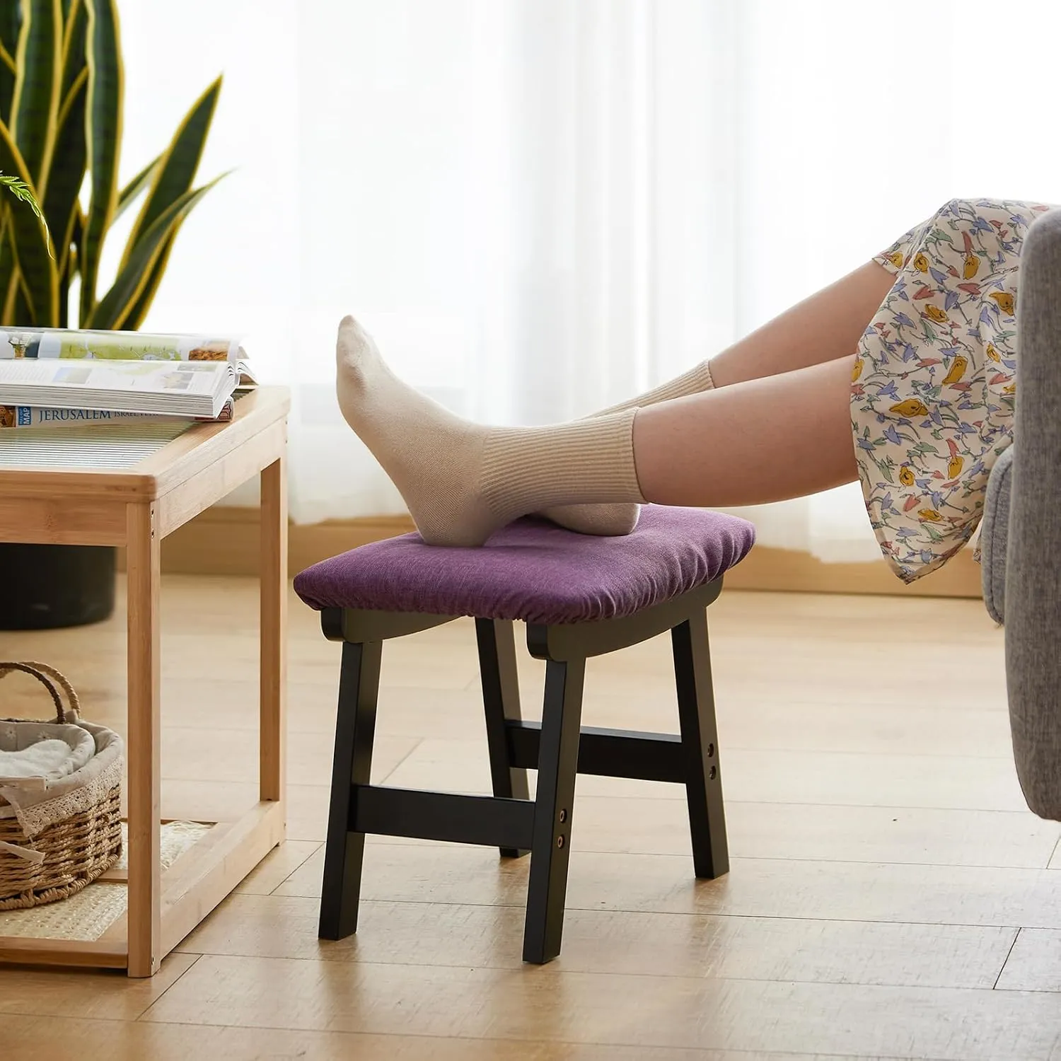 Foot Stool Ottoman Foot Rest Under Desk,Small Stool for Living Room, Bedroom and Kitchen (Black Legs - Purple Stool Surface)