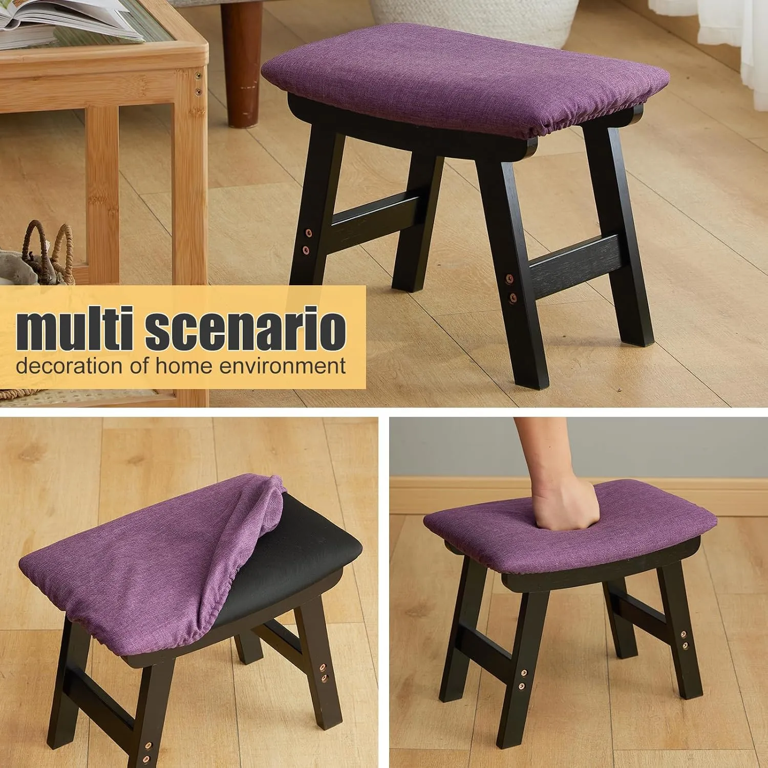 Foot Stool Ottoman Foot Rest Under Desk,Small Stool for Living Room, Bedroom and Kitchen (Black Legs - Purple Stool Surface)