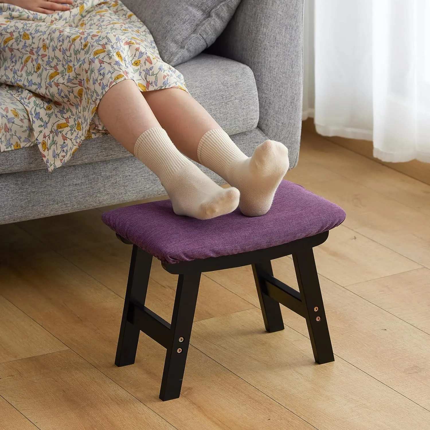 Foot Stool Ottoman Foot Rest Under Desk,Small Stool for Living Room, Bedroom and Kitchen (Black Legs - Purple Stool Surface)