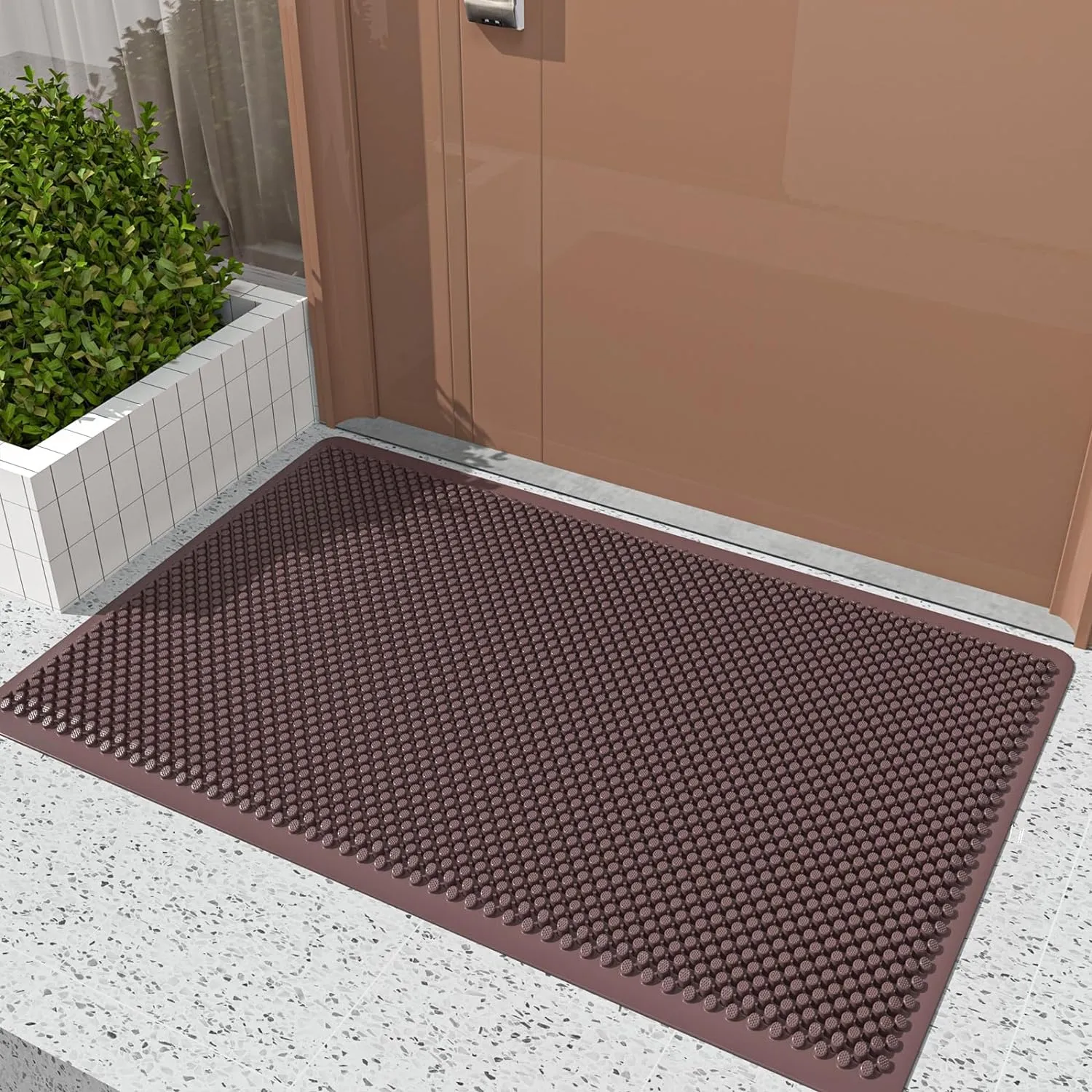 Fowooyeen Outdoor Door Mat, 30'' x 17'' Silicone Scraper, Sturdy Non-Slip Washable Weatherproof Low-Profile Shoe Cleaner for Indoor Entrance, Red
