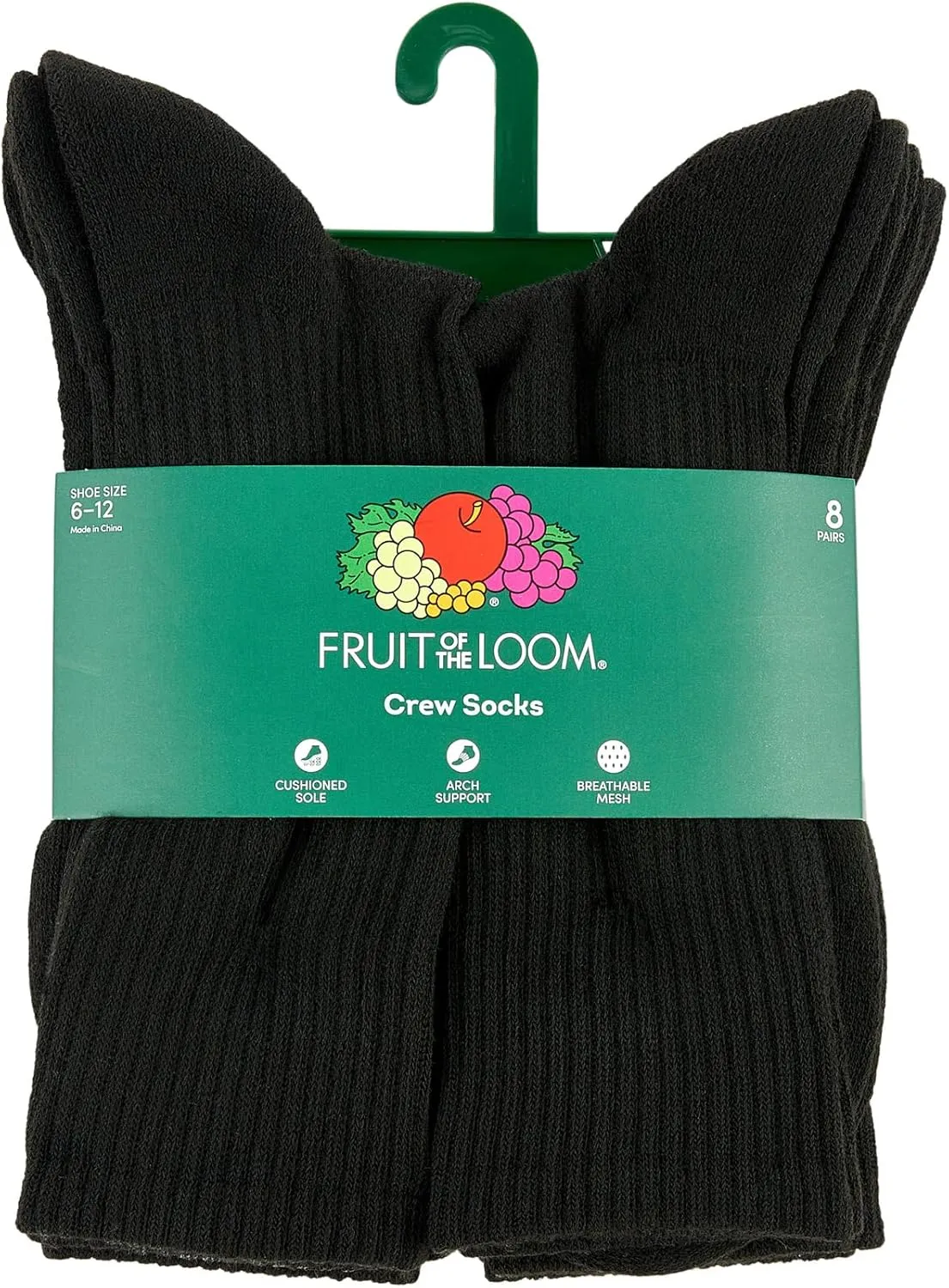 Fruit of the Loom Crew Socks for Men - 8 Pairs, Arch Compression, Moisture Wicking, Cushioned, Athletic Mens Socks Size 6-12