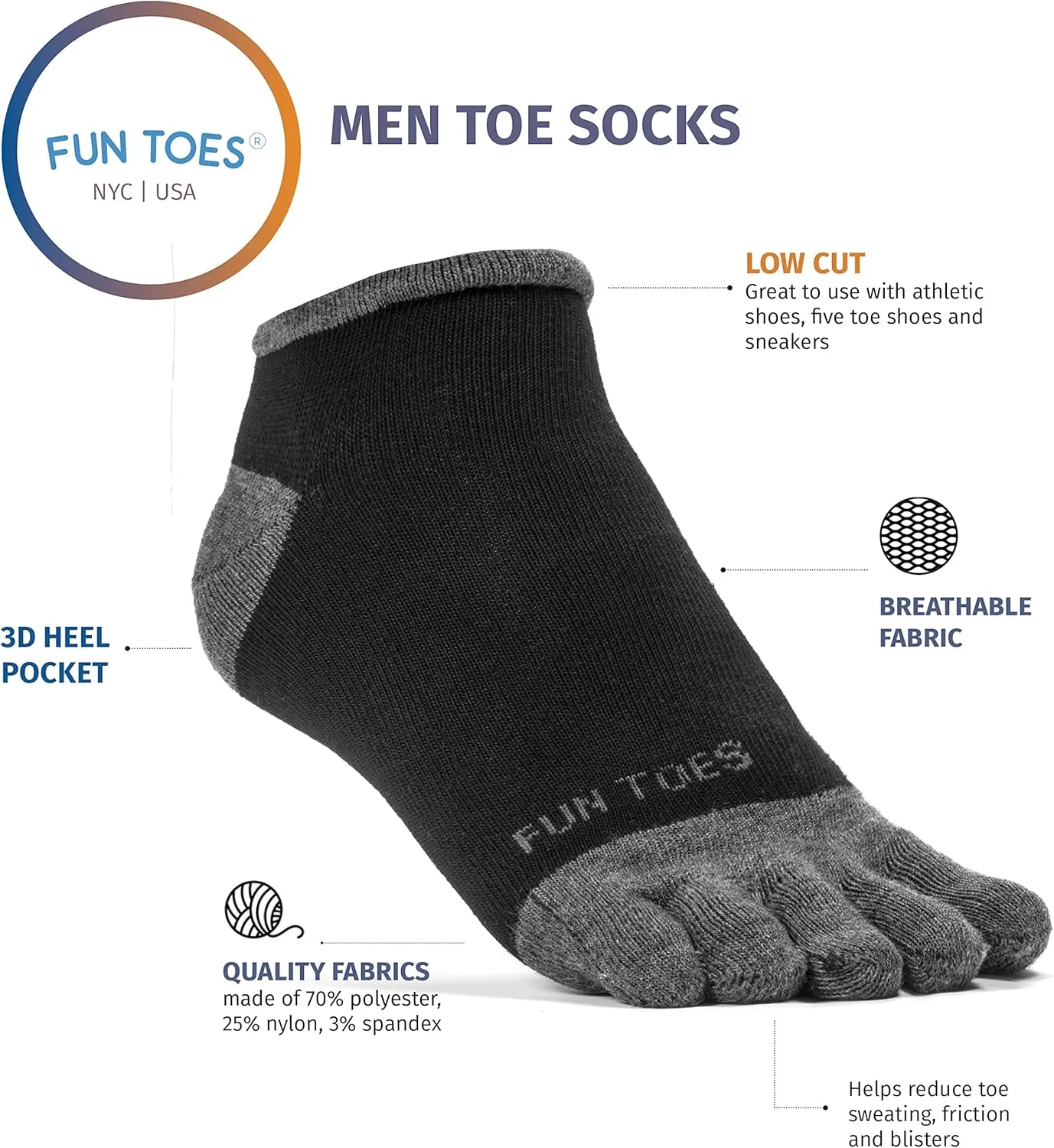 FUN TOES Mens Toe Socks Barefoot Running Lightweight -Value 6 Pairs Pack- Size 6-12