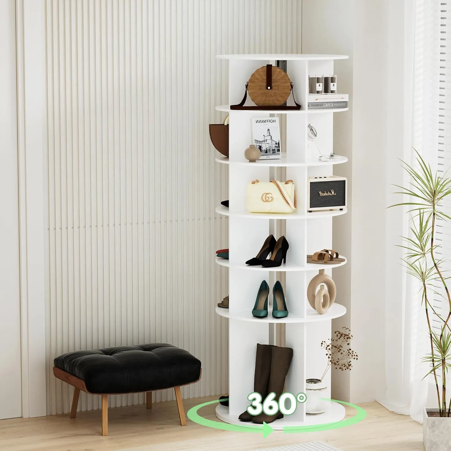 Furnhome Rotating Tower: 360 Spinning Multi-Functional Rack - 6 Tier White for Shoes, Handbags, Hats & Accessories